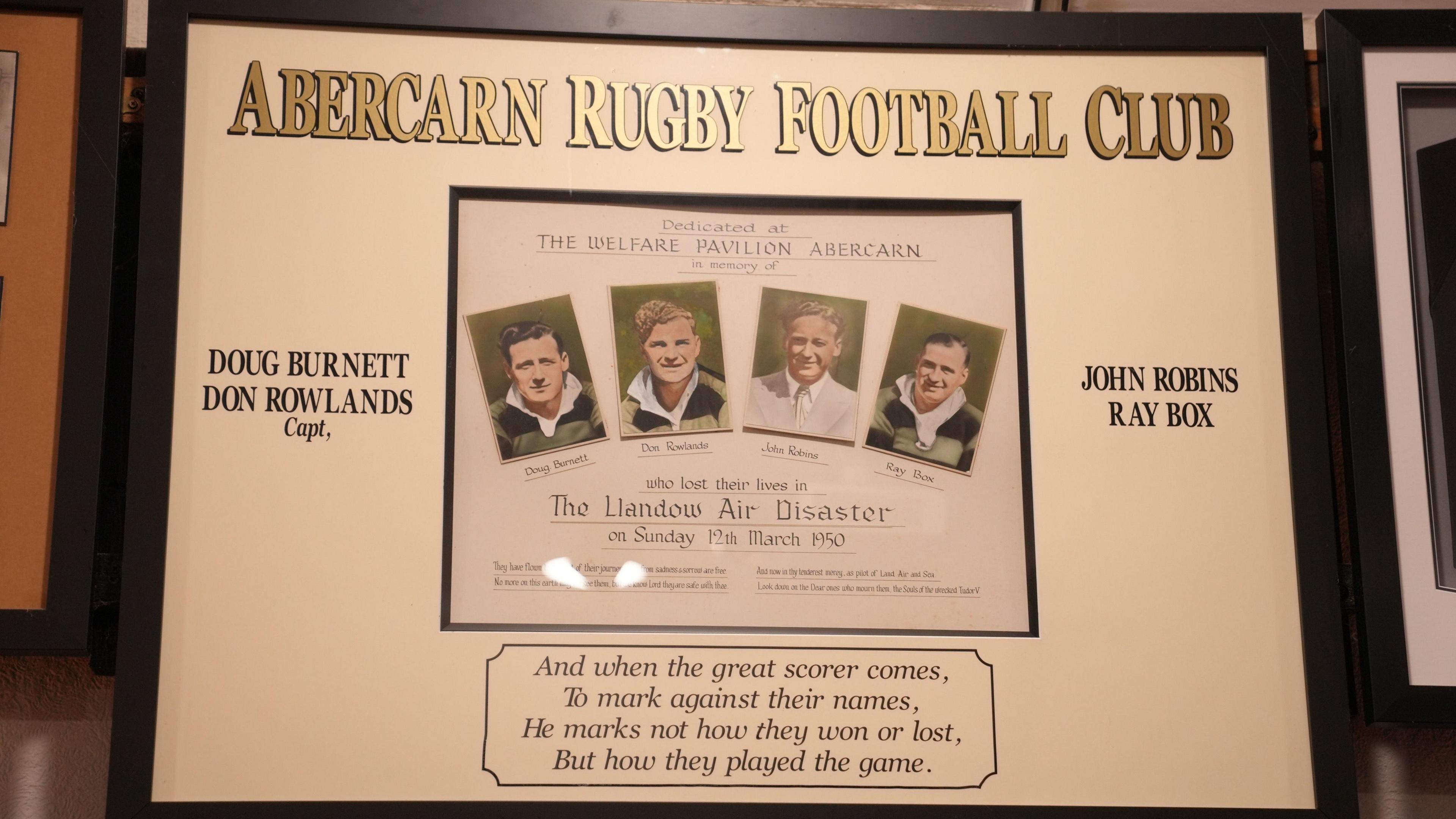 A collage tribute featuring the photos of the four members of Abercarn RFC who died in the crash and their names - Doug Burnett, Don Rowlands, John Robins and Ray Box.