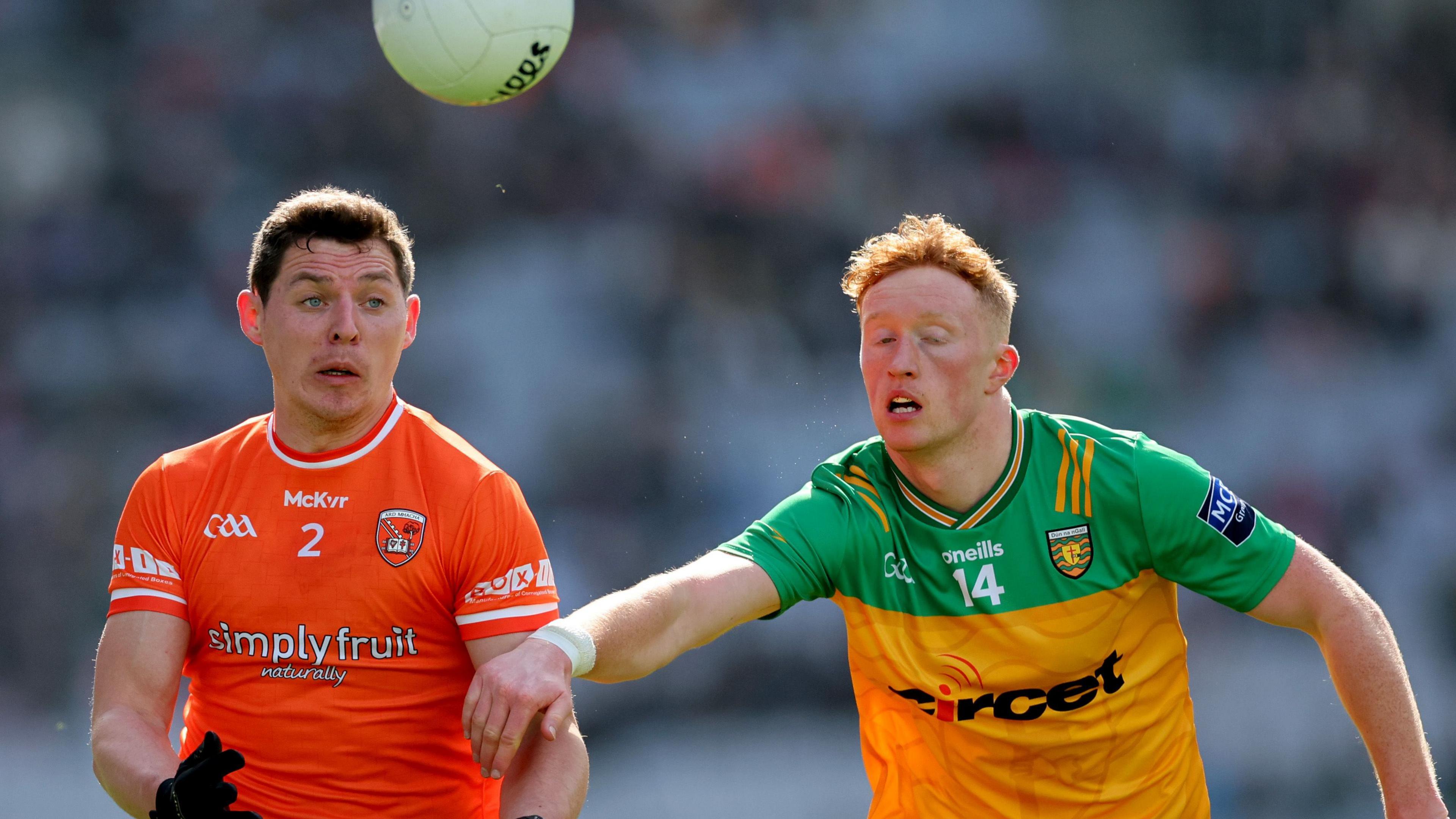 Armagh's Paddy Burns battles with Donegal's Oisin Gallen in the Allianz Football League Division Two Final at Croke Park in March