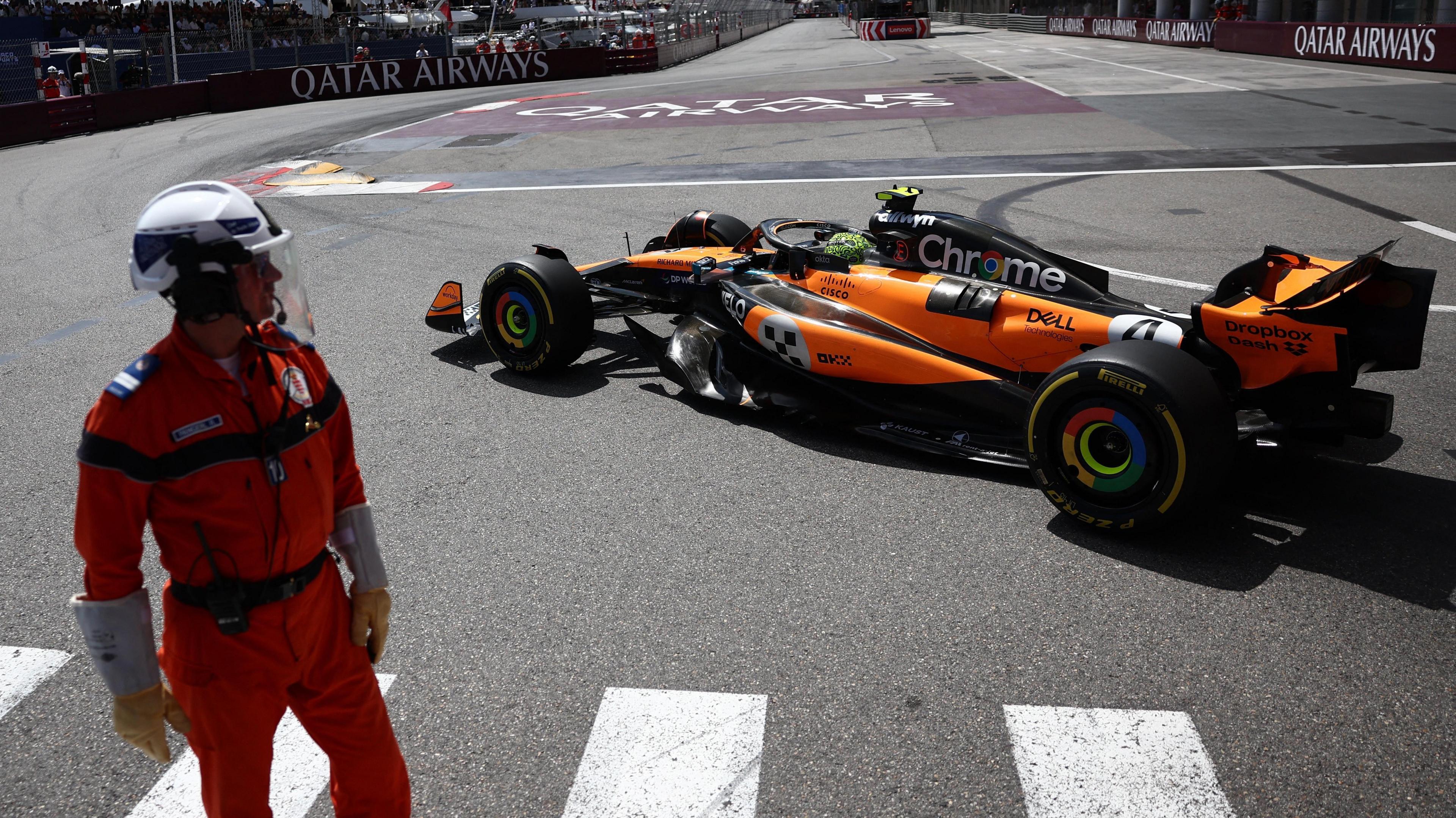 Lando Norris out on track during the race day in Monaco.