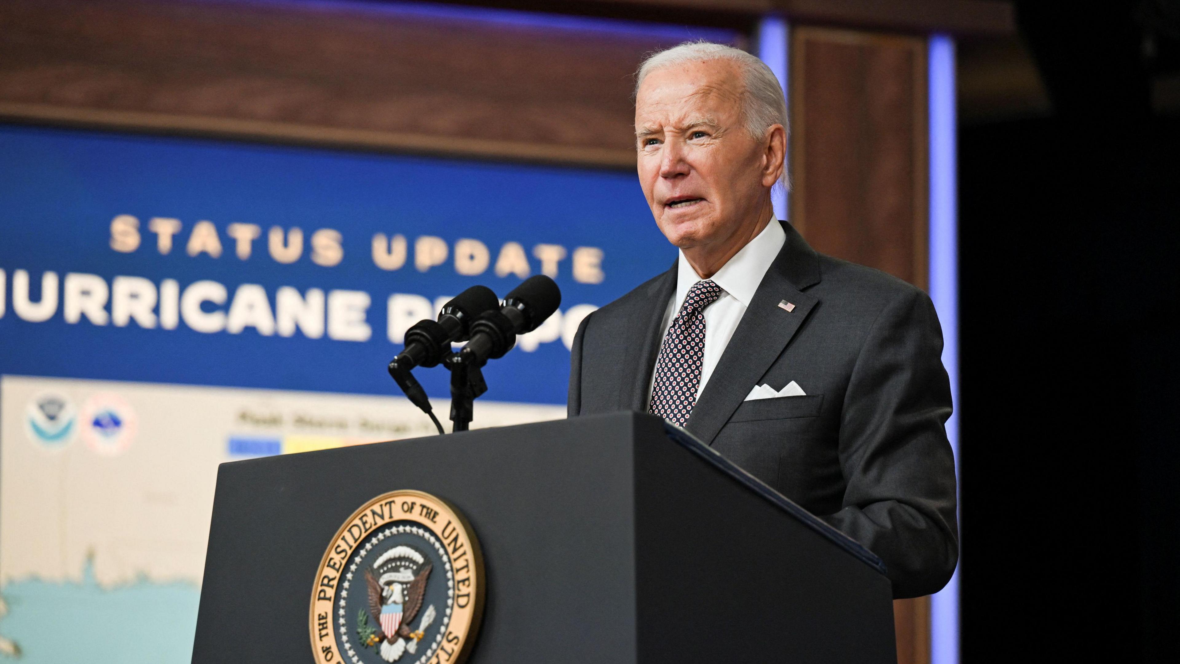 President Biden speaking about the hurricane relief effort at a news conference.