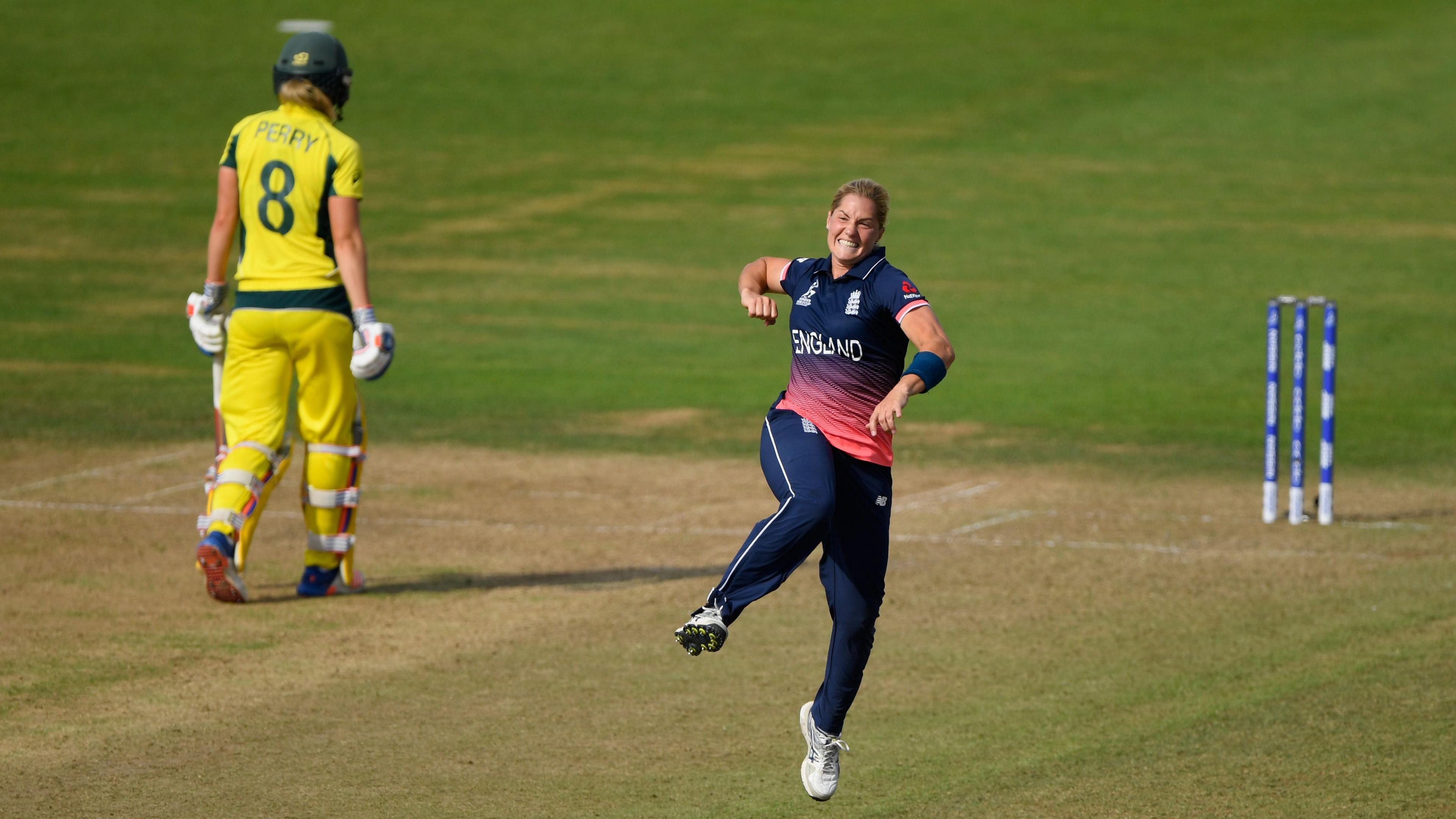Katherine Sciver-Brunt celebrates a wicket against Australia