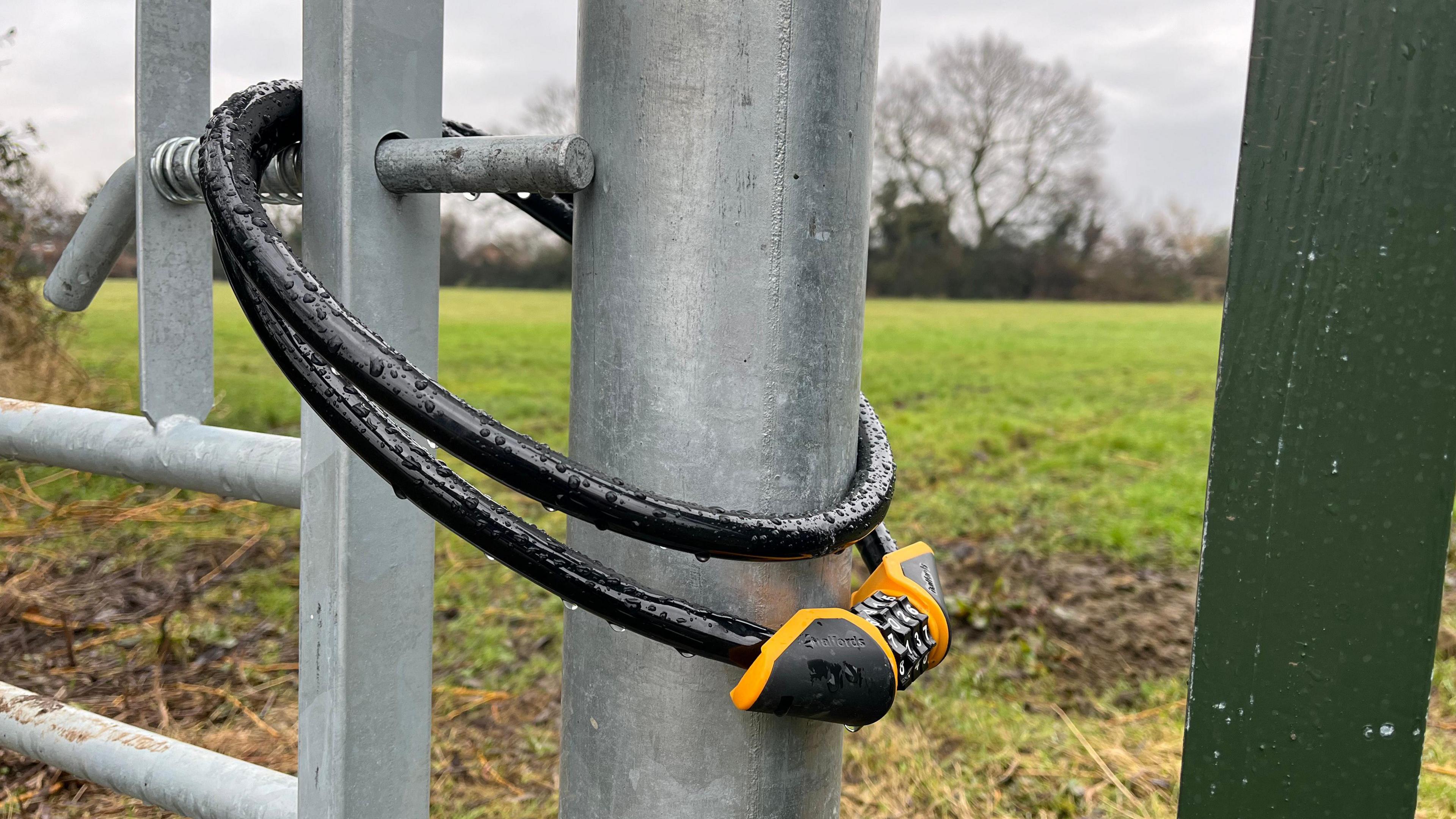 Close-up shot of a padlock holding the silver metal gate to the Glebe firmly shut. It's made of thick black wire with a black and yellow combination lock. To the right of the image there's a dark green fence post - part of the fence that was installed to replace the original spiked fence. Beyond the gate you can see the Glebe; a large green field with trees along the horizon. The sky is grey and overcast.