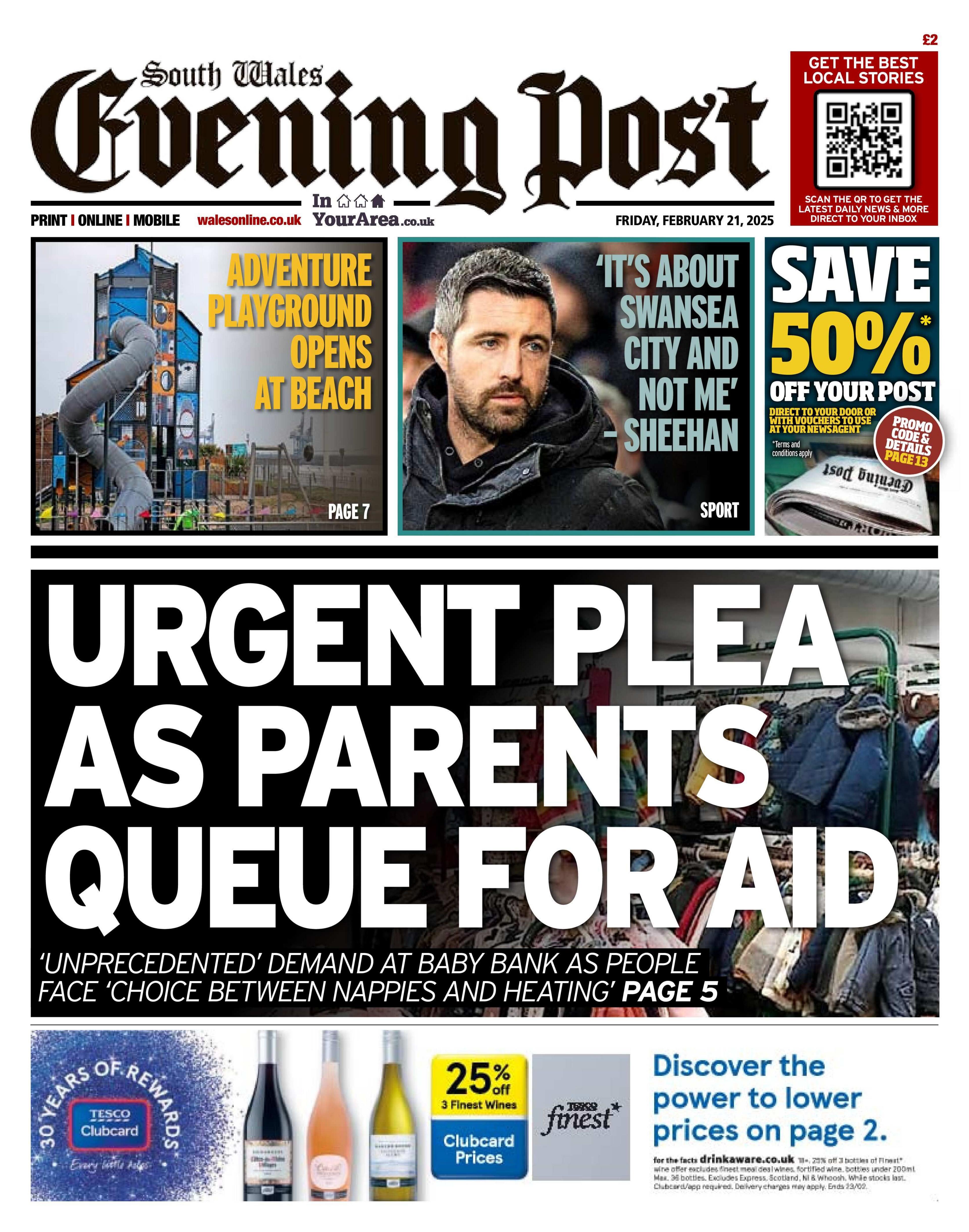 Front page of the South Wales Evening Post with the main headline: Urgent plea as parents queue for aid. 
Other headlines on the front page: Adventure playground opens at beach. 'It's about Swansea City and not me' - Sheehan. 