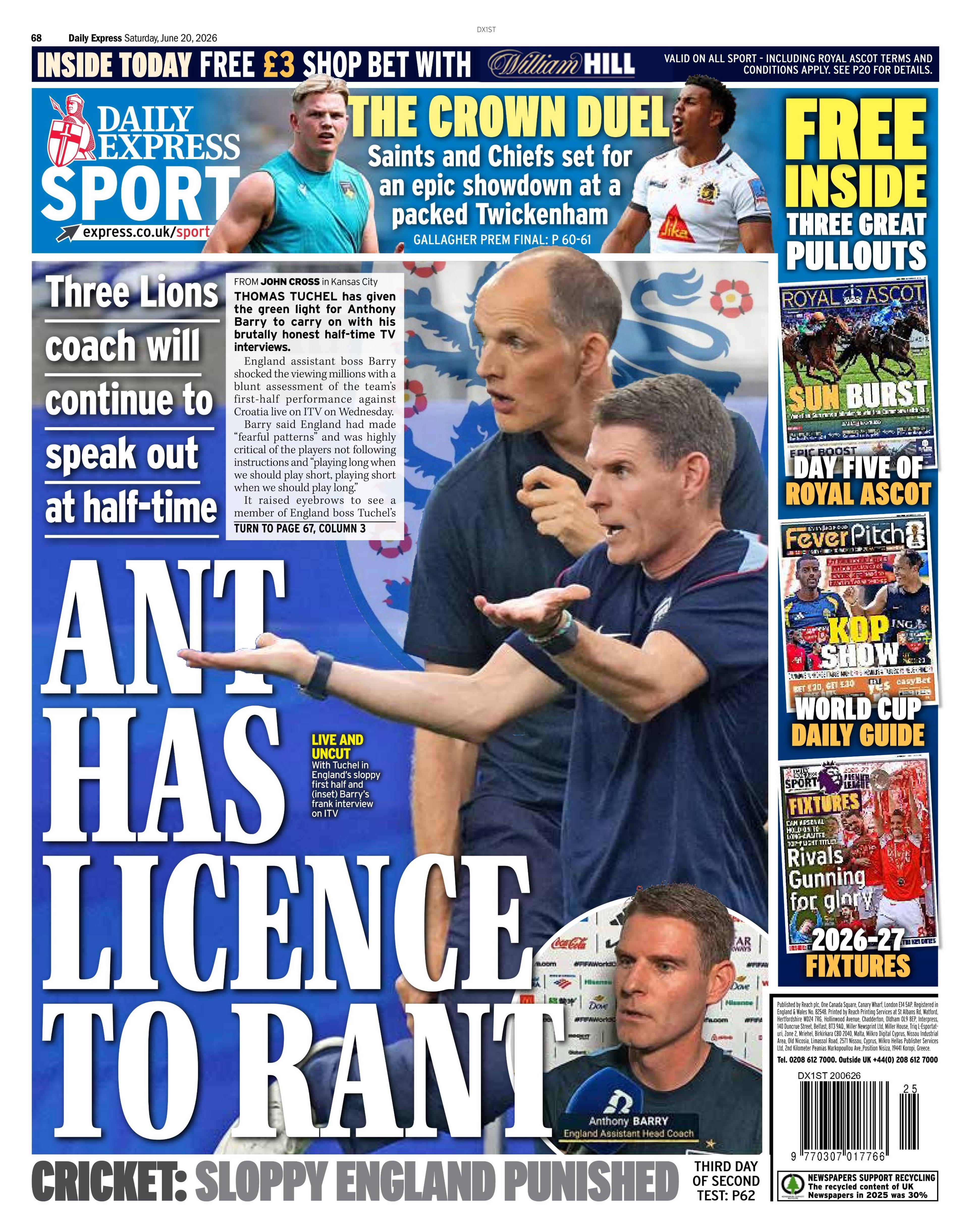 Back page of the Daily Express on 20 June 2026