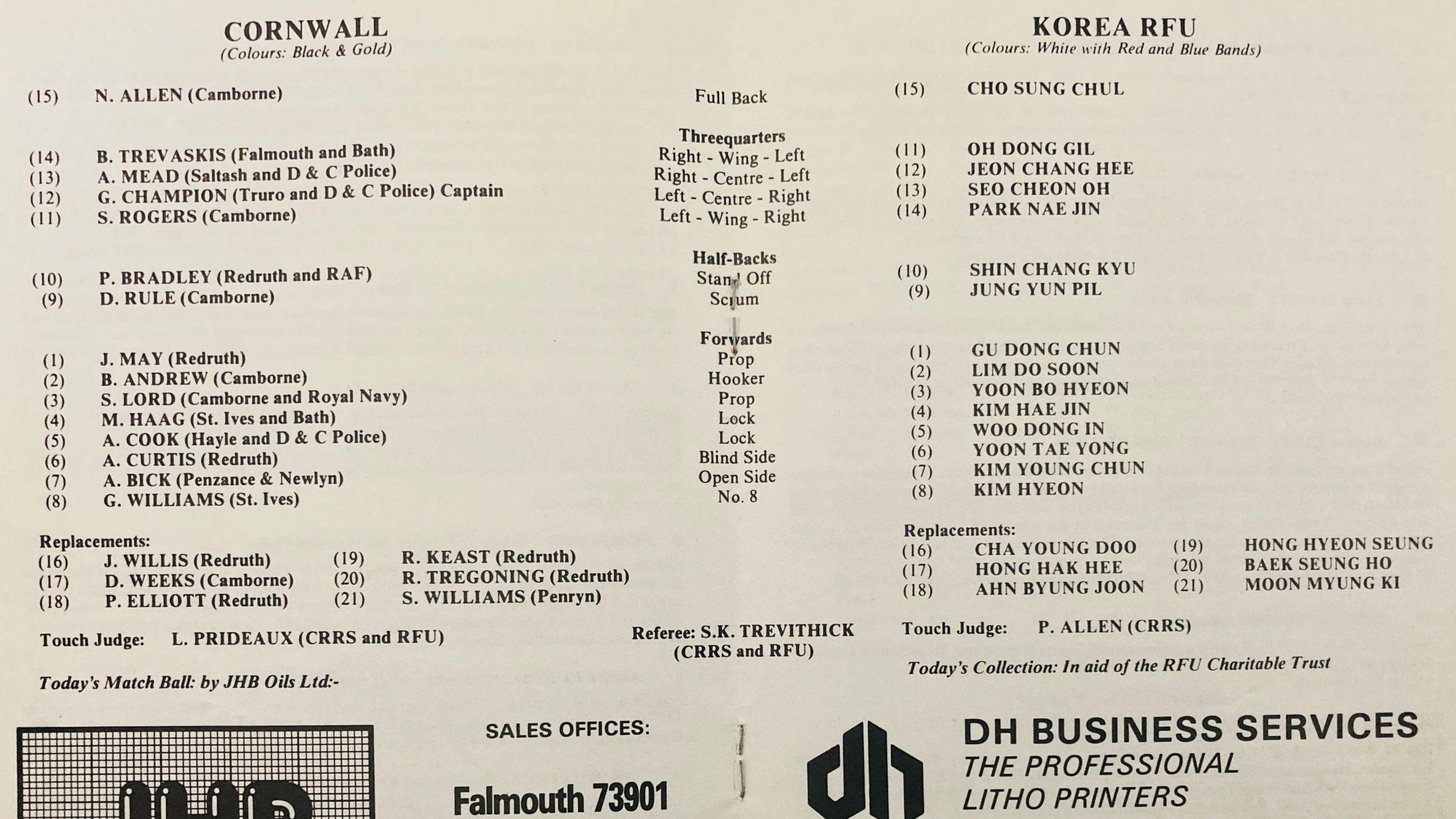 A team sheet for Cornwall against Korea.