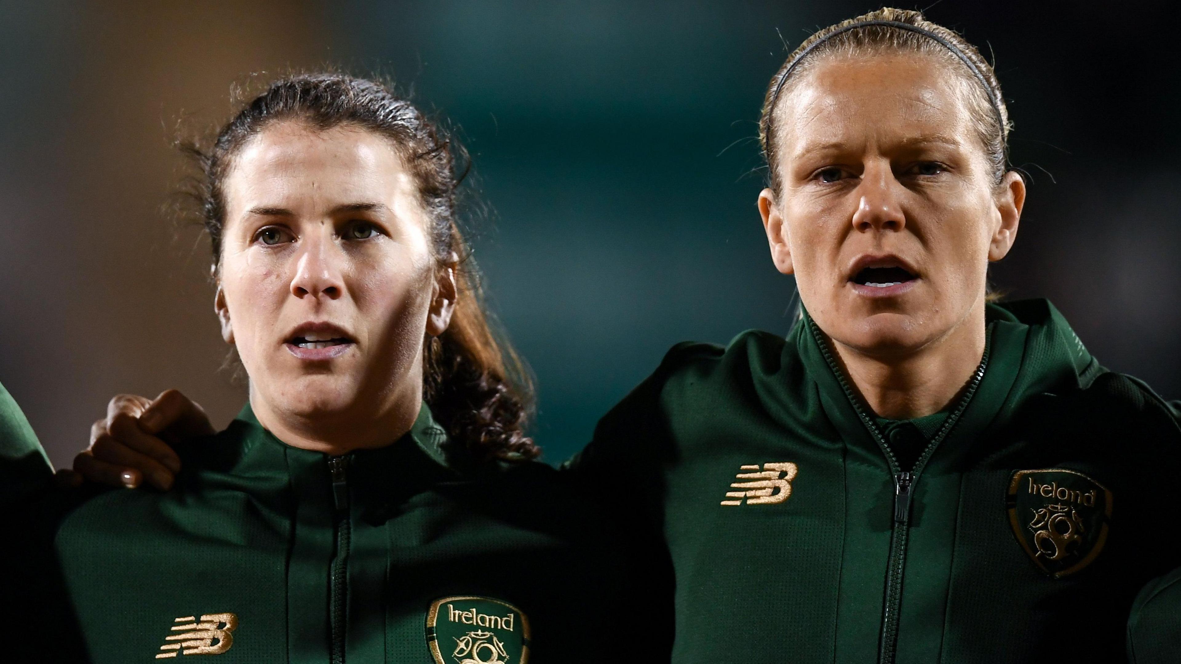 Nimah Fahey and Diane Caldwell sing the Irish national anthem