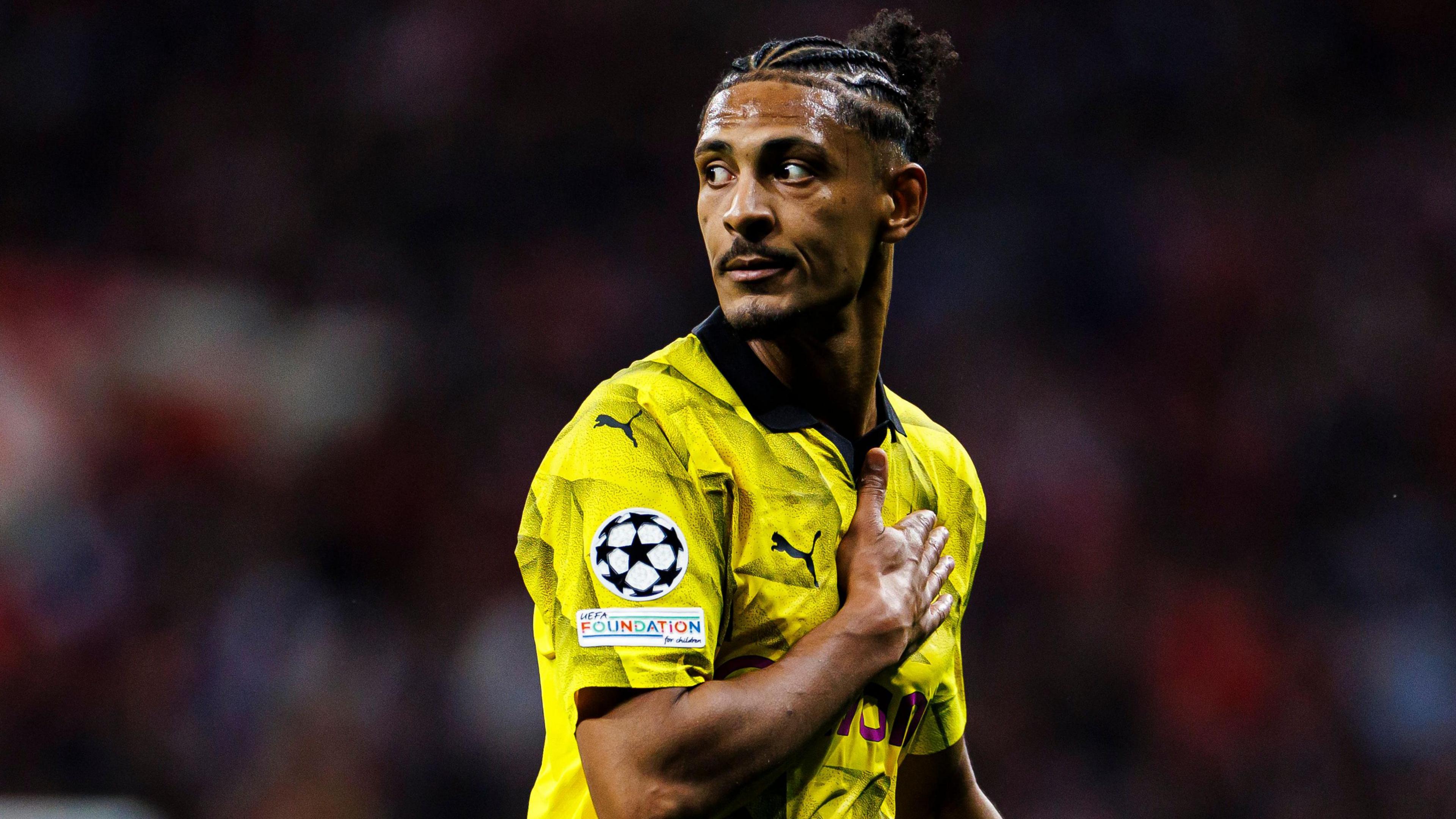 Sebastien Haller celebrates a goal for Borussia Dortmund