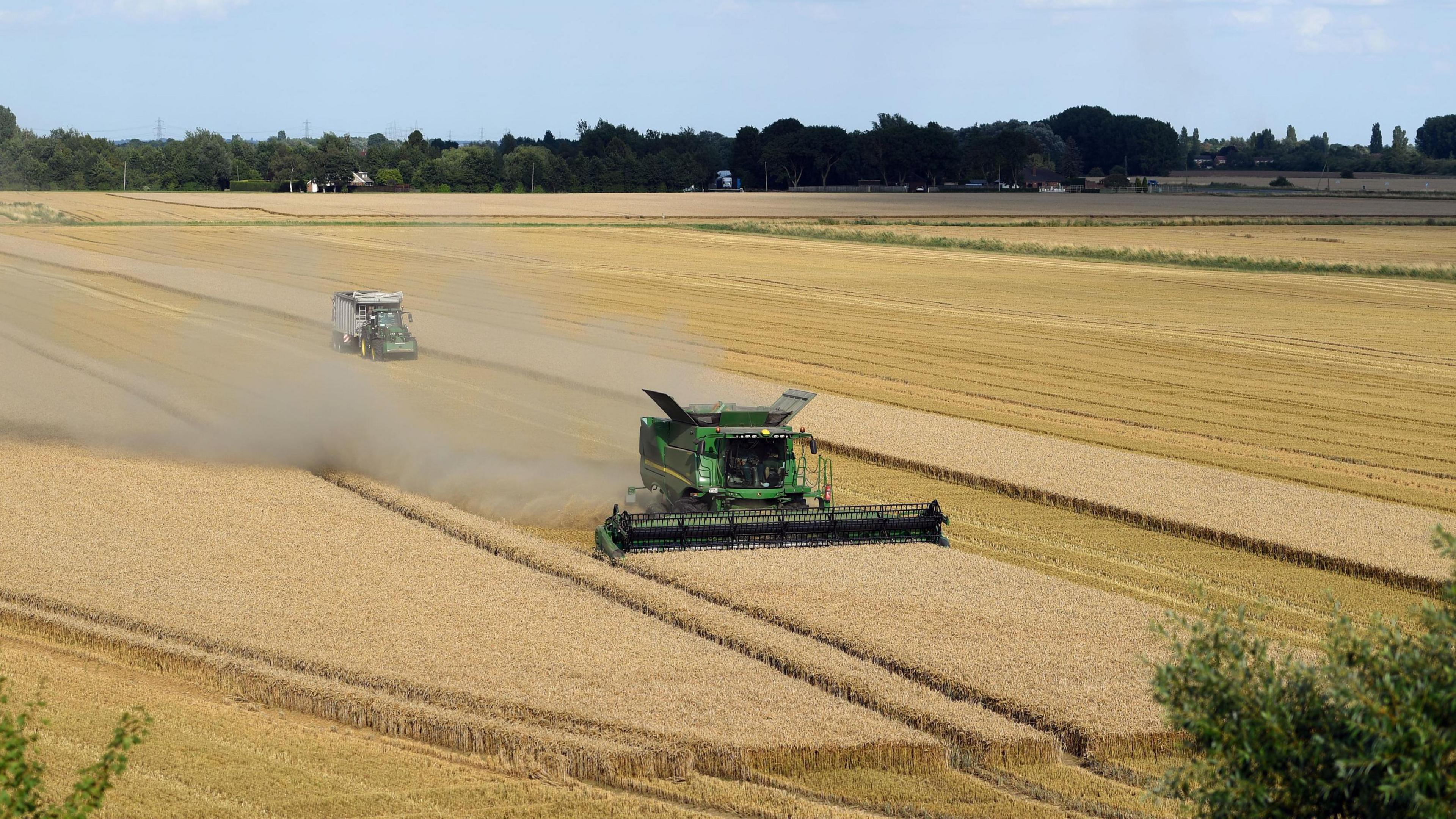 A combine harvester is harvesting a field of wheat with another tractor behind 