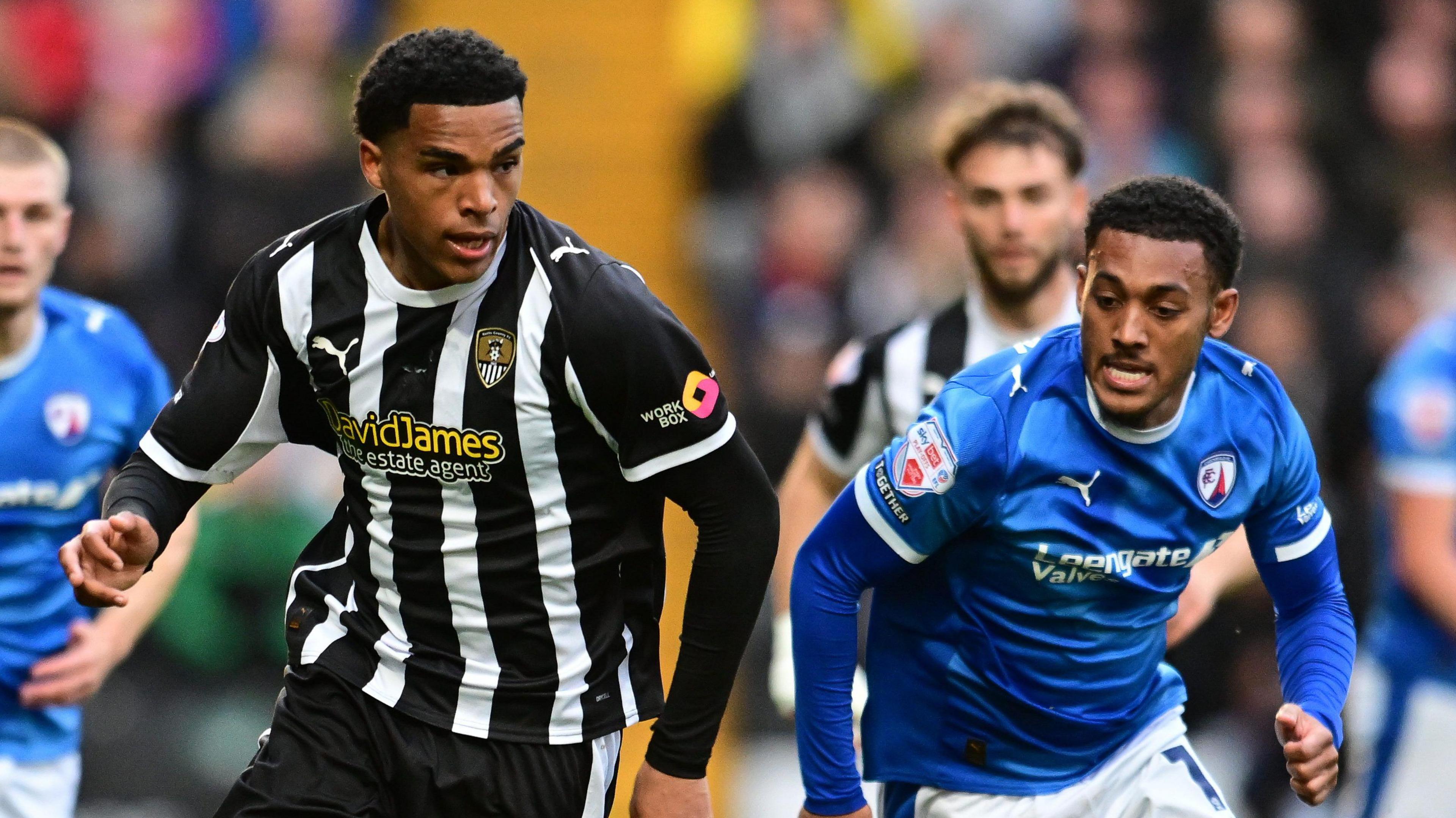 Tom Iorpenda (left) in action for Notts County against Chesterfield in the League Two play-off semi final