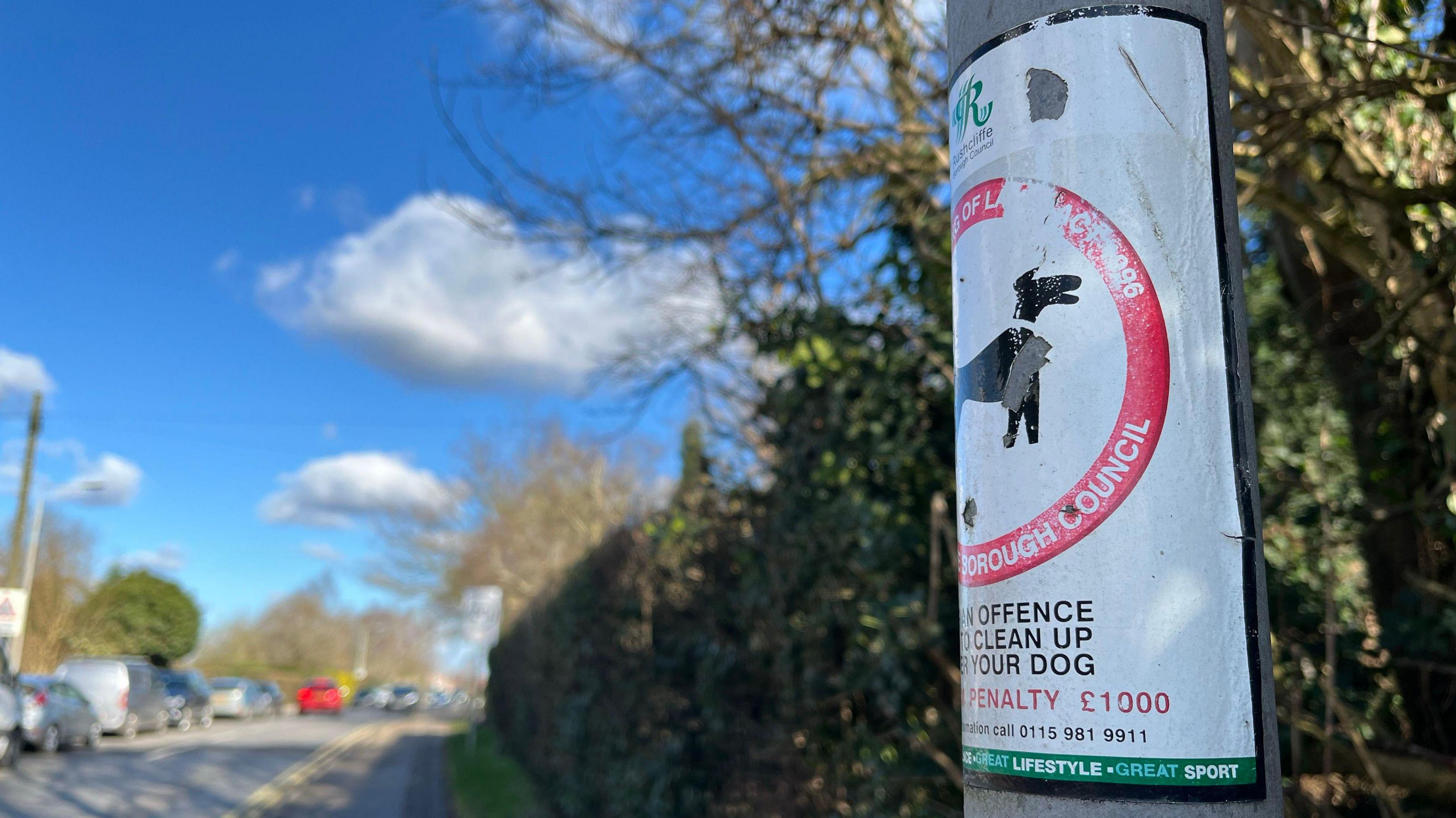 A close-up of a warning sticker on a lamp-post from Rushcliffe Borough Council, telling people it is an offence not to clean up dog poo.