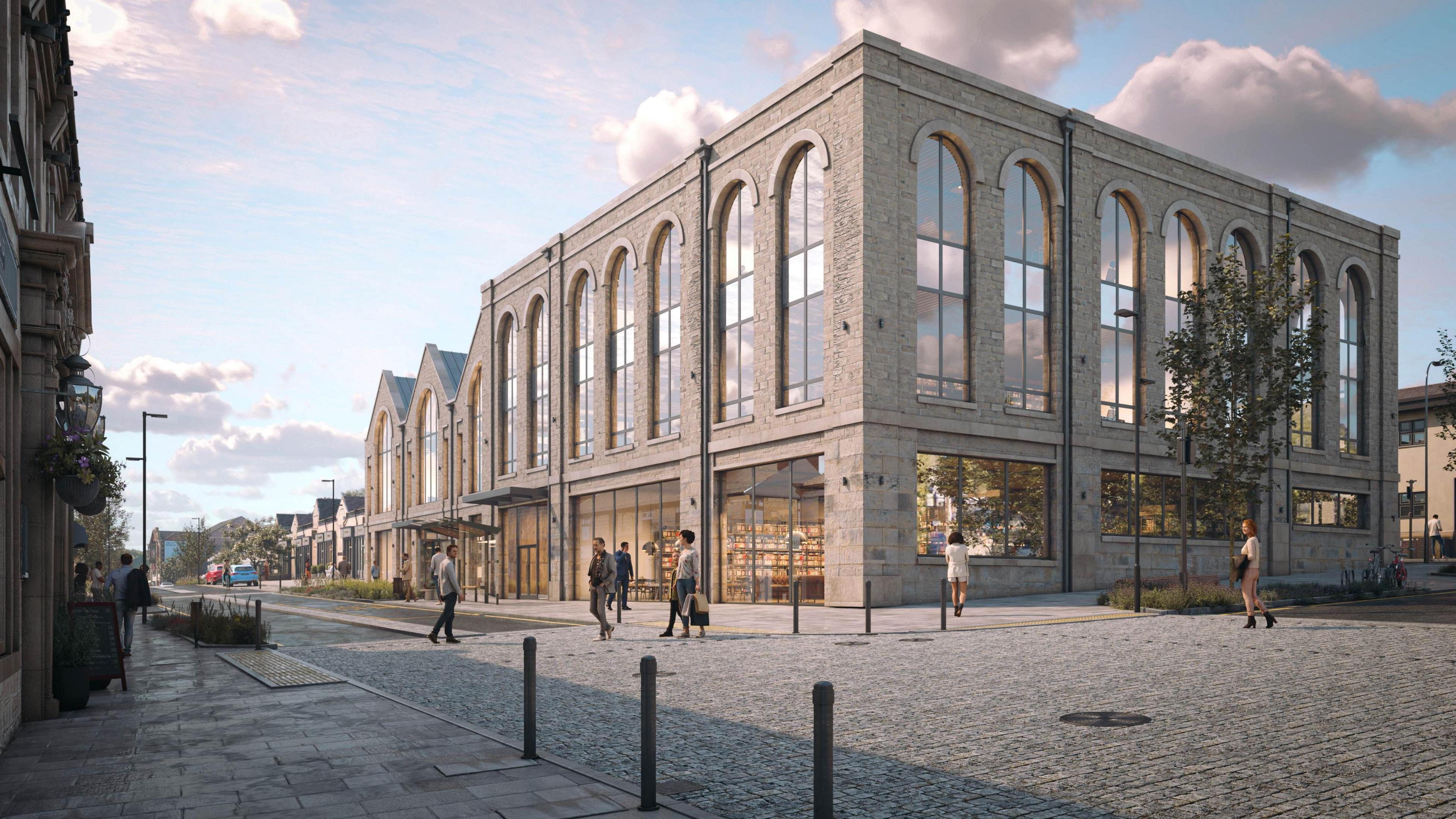 An artist's impression showing a side view of the proposed community centre and library in Stocksbridge, set within a townscape with pedestrians walking through a pedestrianised zone.