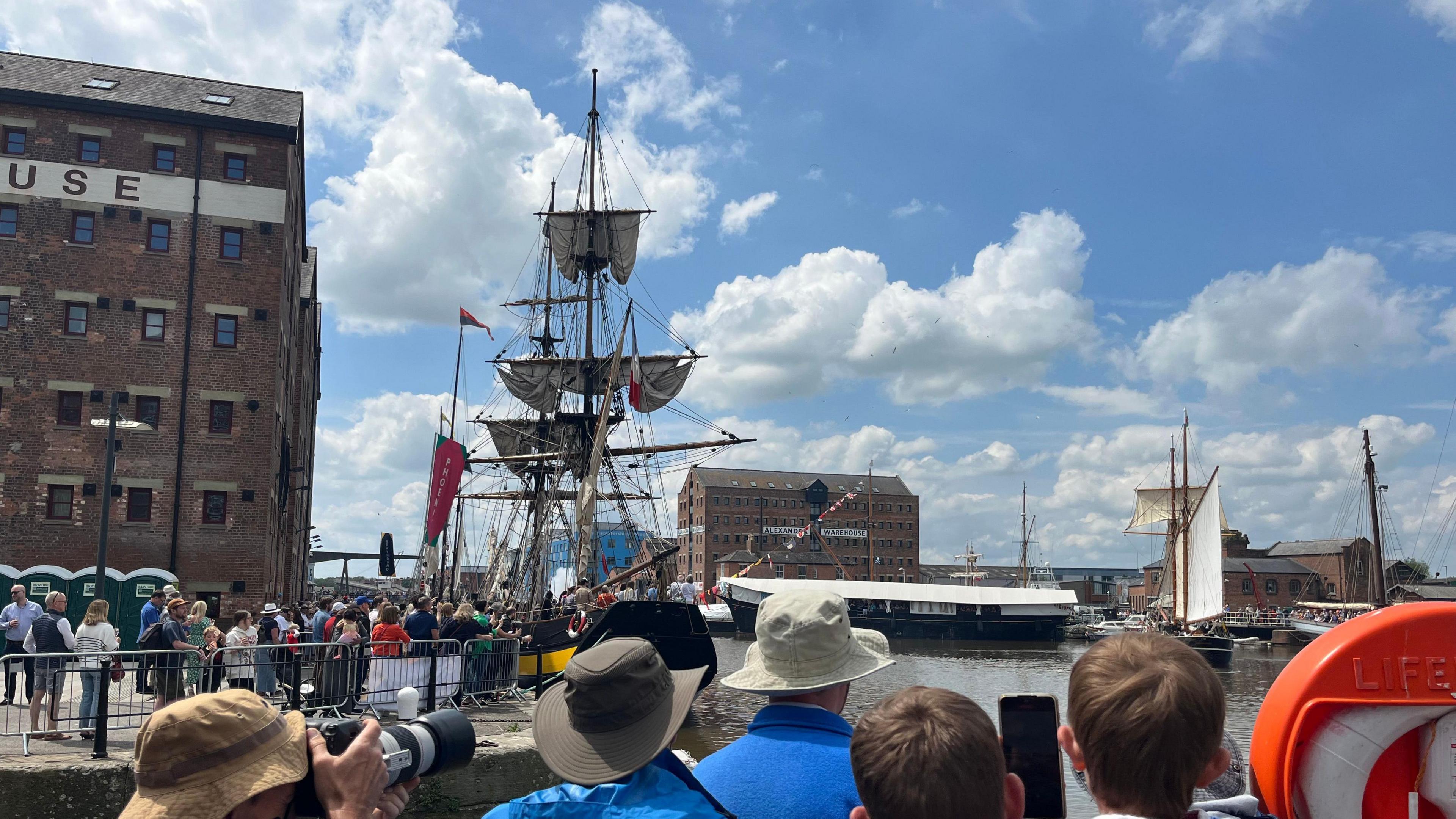 Tall ship arriving at Gloucester Tall Ships Festival in Gloucester Docks 