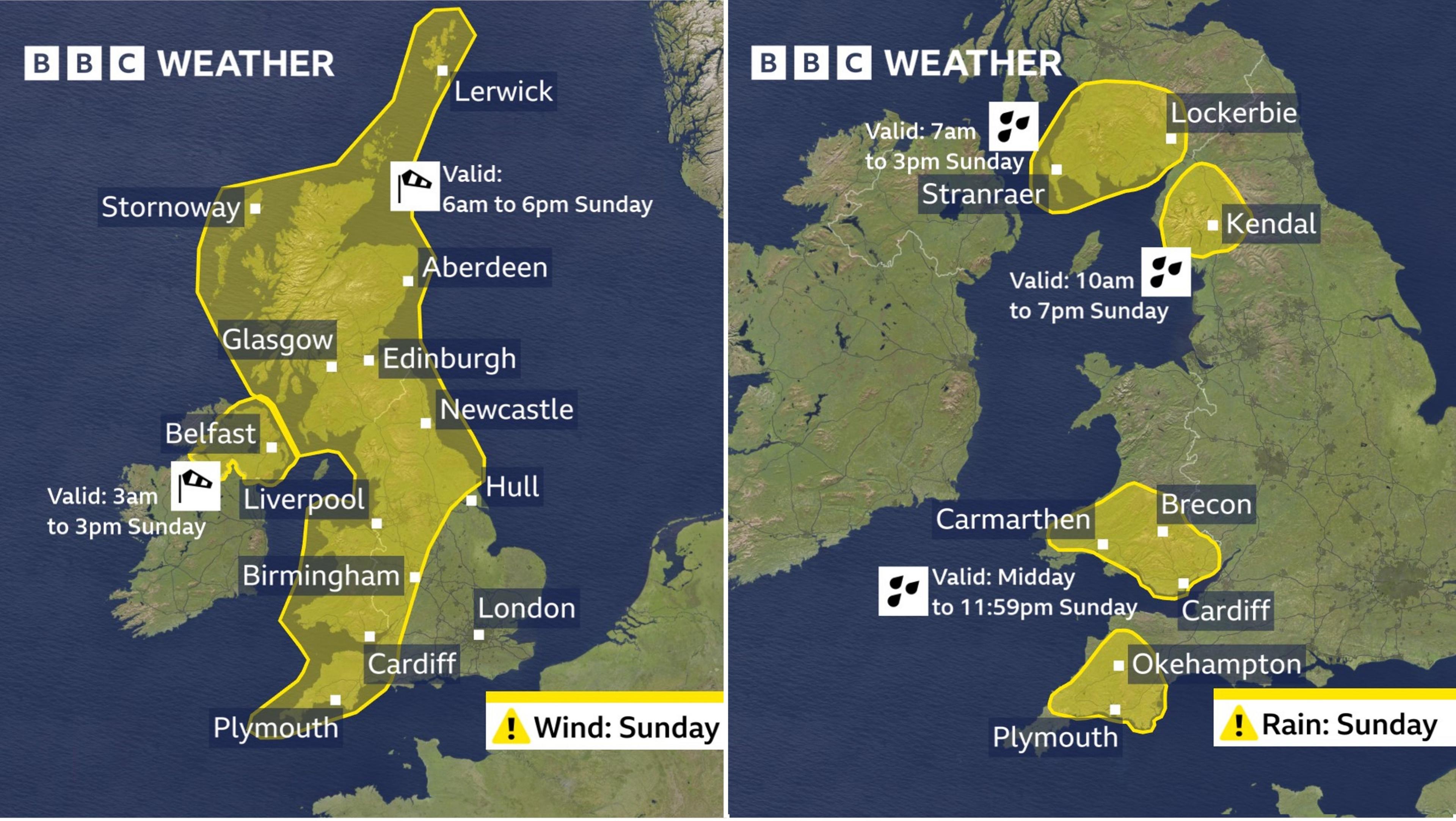 Two weather maps of the UK. The one on the left shows the wind warnings for Sunday across most of the UK, and the one on the right shows the rain warnings for the same day, on the hills of south-west Scotland, southern Wales and south-west England.