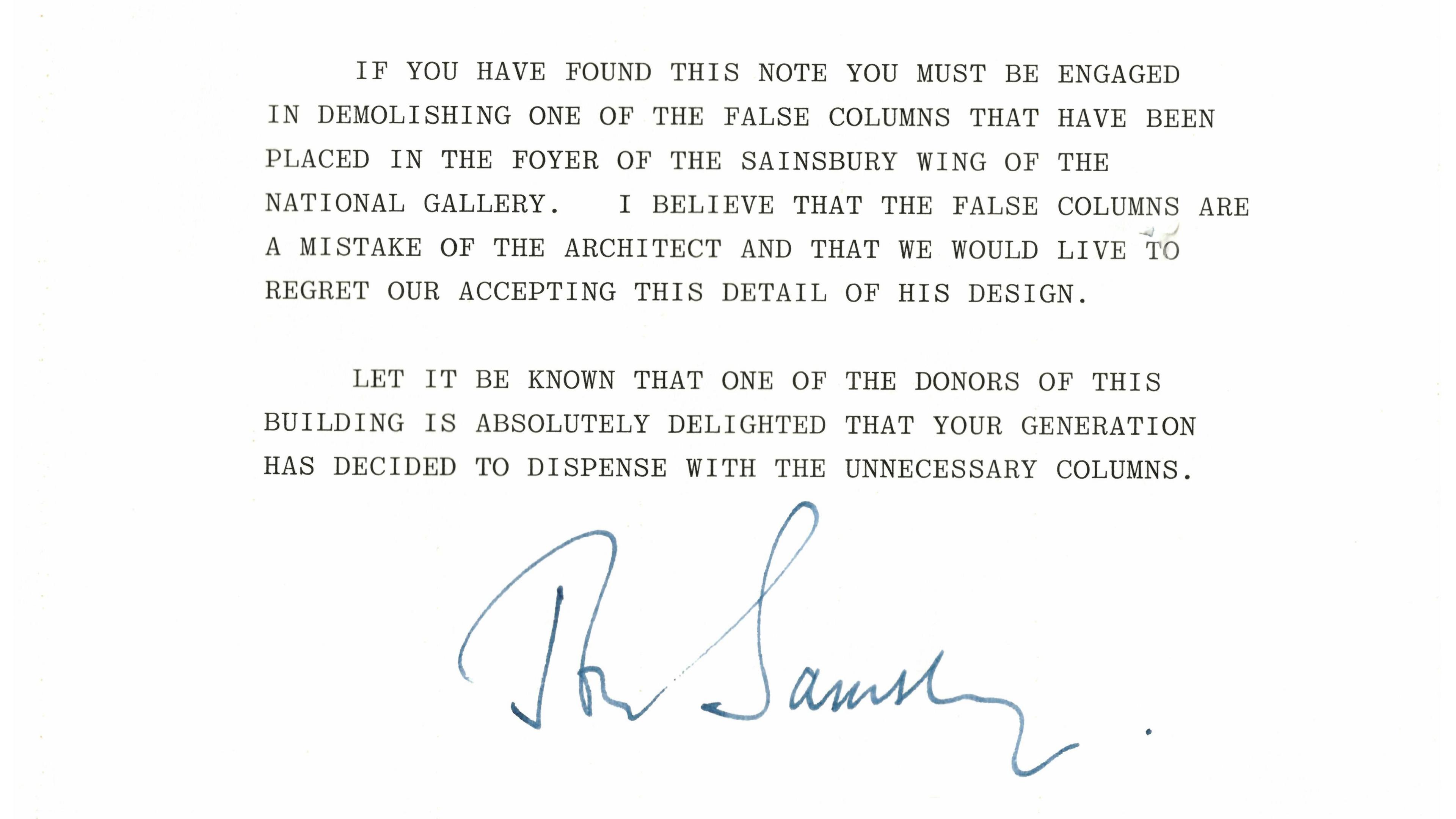 Lord Sainsbury's letter, courtesy of the National Gallery and with permission of the Sainsbury family