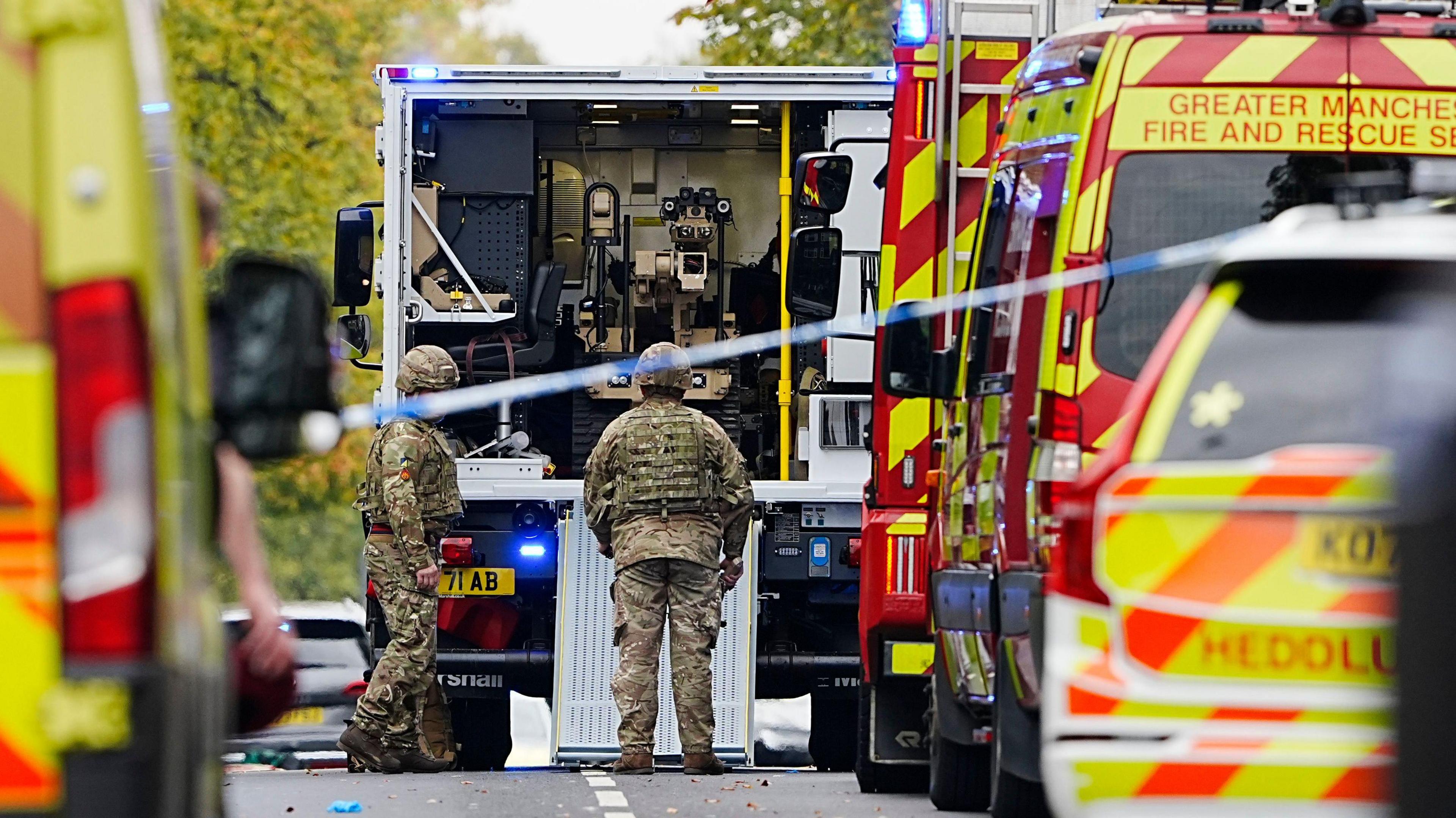 The Army bomb disposal unit, complete with a robot, photographed outside Heaton Park Hebrew Congregation synagogue in Crumpsall, Manchester.