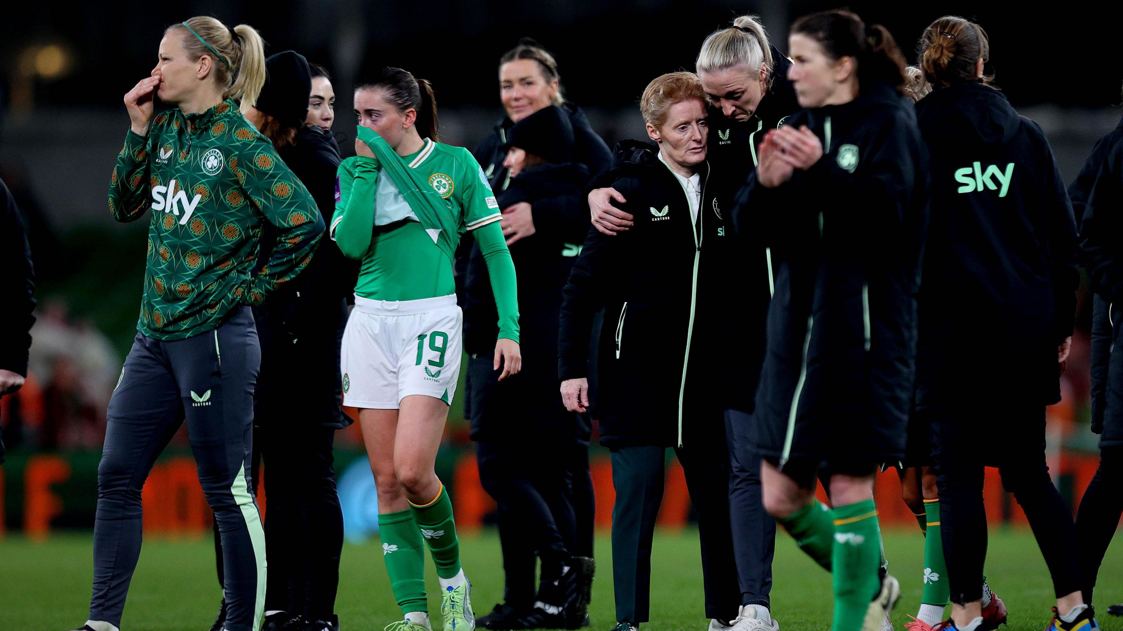 Eileen Gleeson consoles her players after Republic of Ireland's failure to qualify for Euro 2025