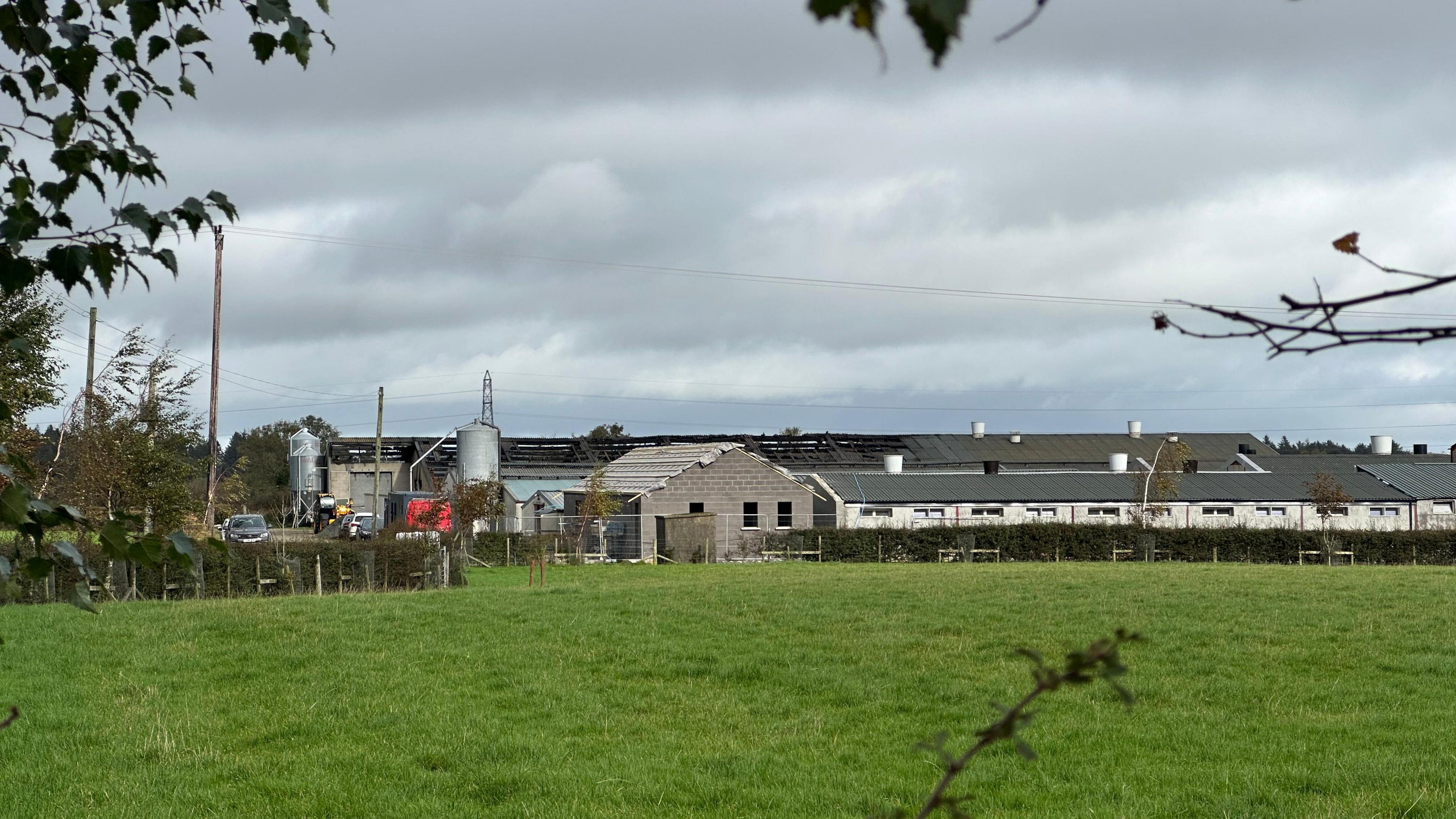 A large farm is visible in a green field.
It has a large fence and there is some slight damage to an outbuilding.