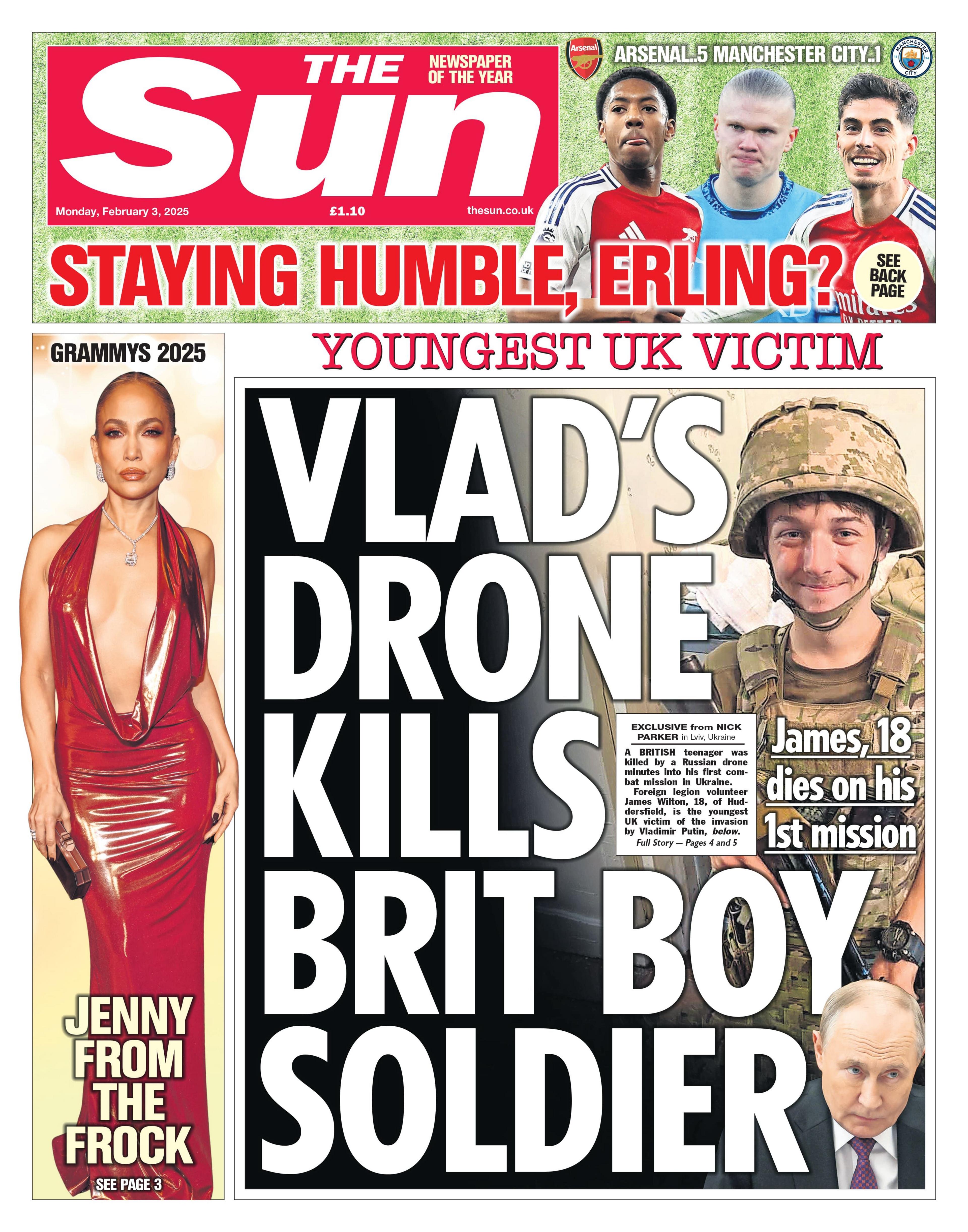 The headline on the front page of the The Sun reads: “Vlad's drone kills Brit boy soldier". 