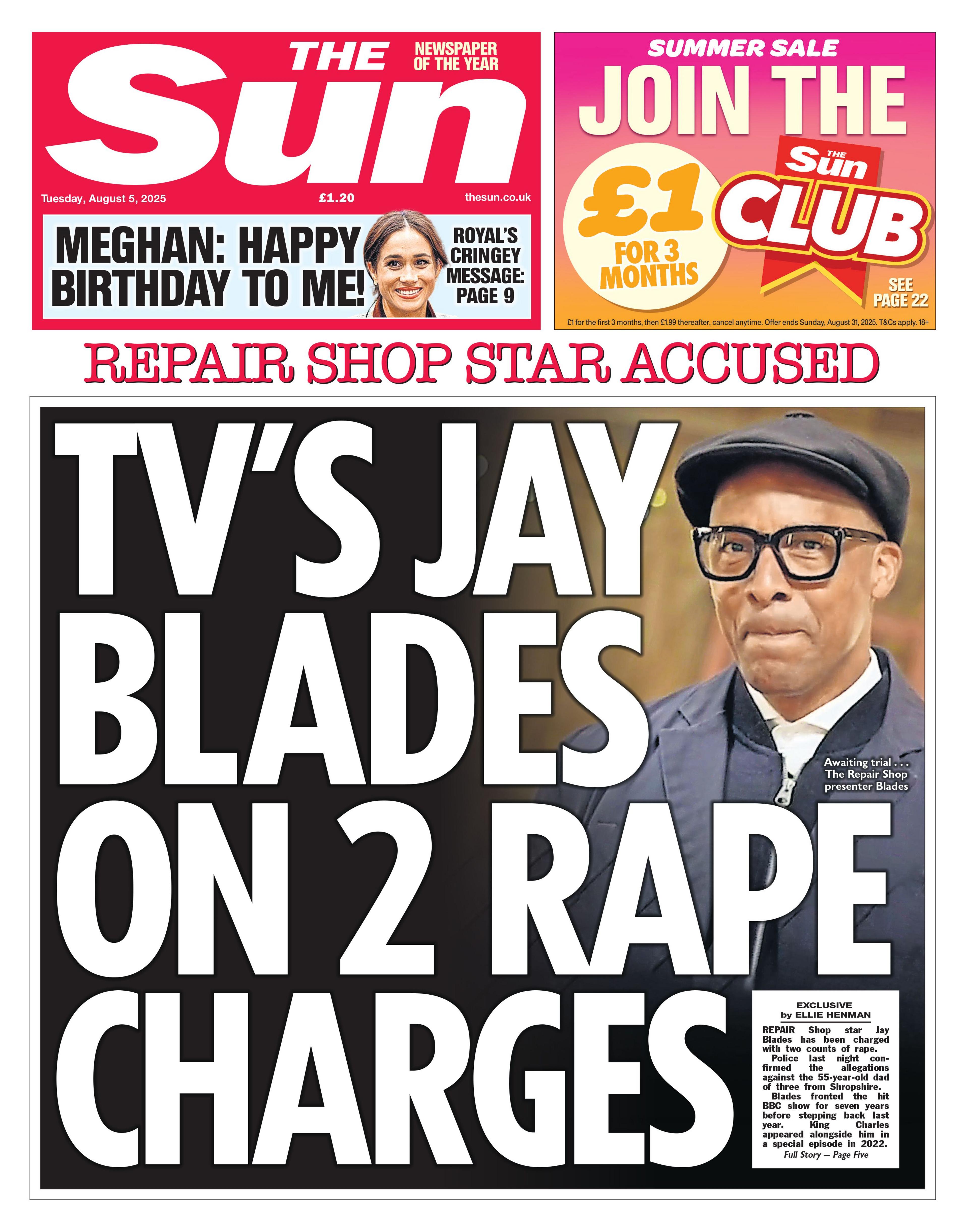 The headline on the front page of the Sun reads: "TV's Jay Blades on 2 rape charges".