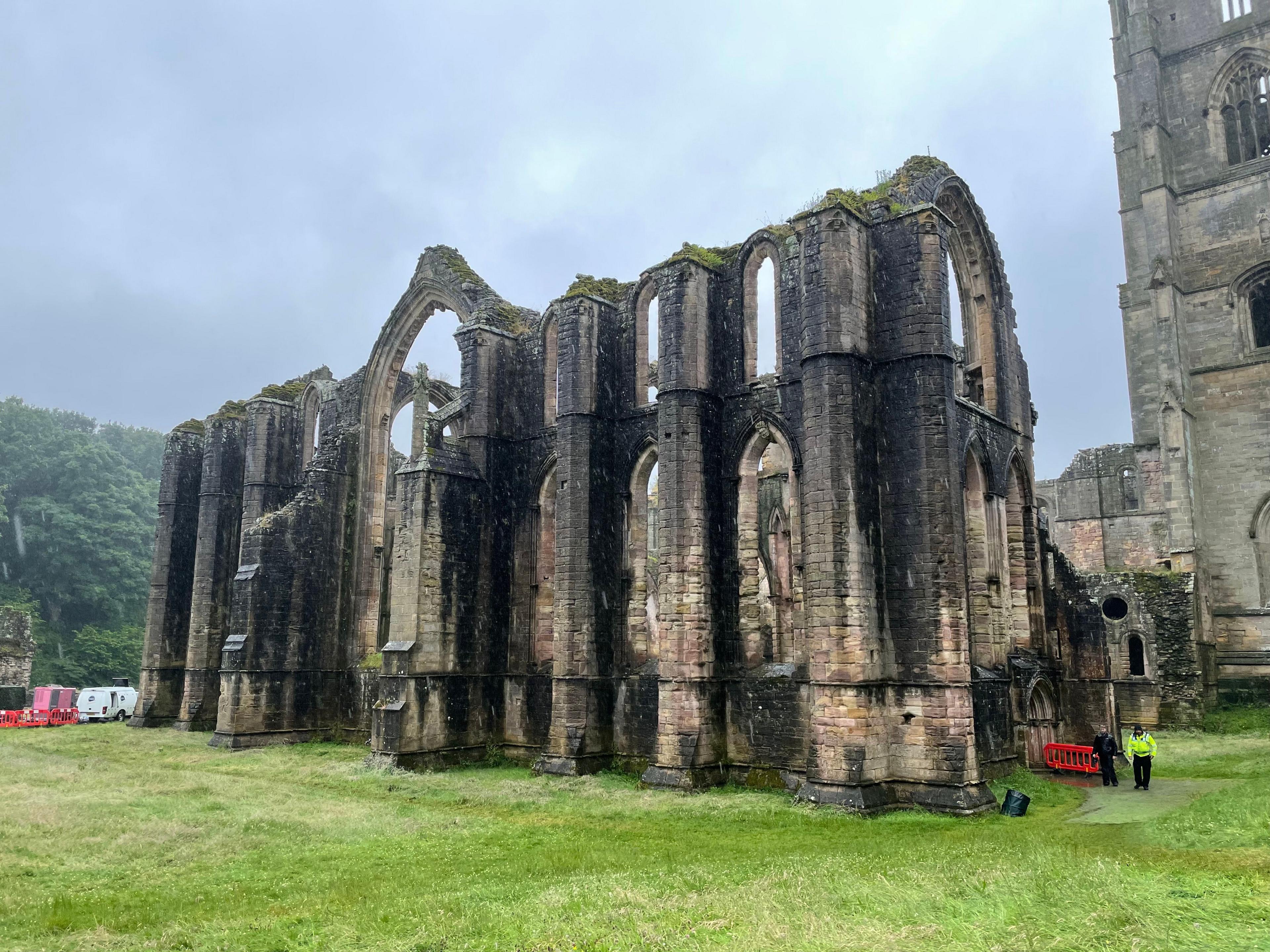 Film crews in the remains of Fountains Abbey