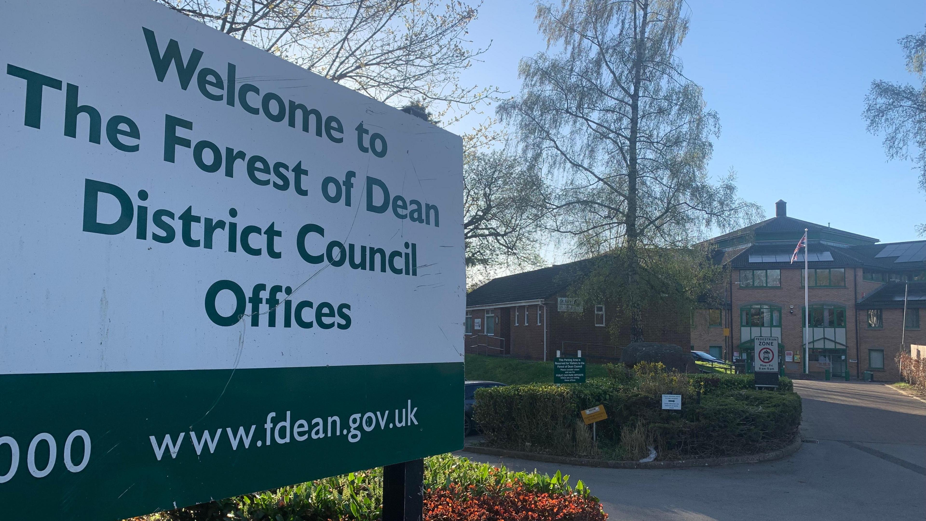 The sign welcoming visitors to the Forest of Dean District Council office in Coleford