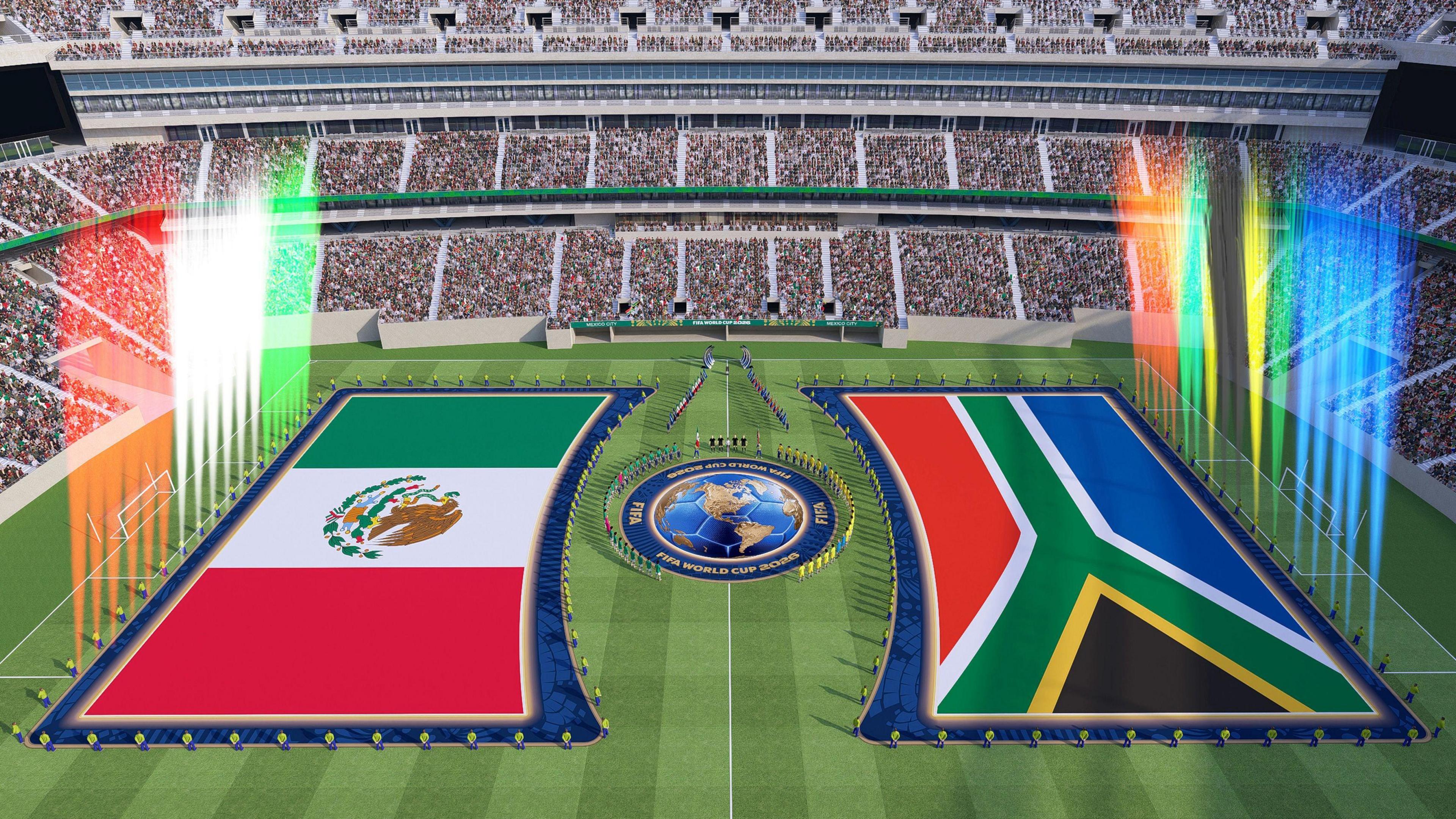 An illustrative image of the opening match of the World Cup between Mexico and South Africa with extra-large flags and all players stood around the centre circle