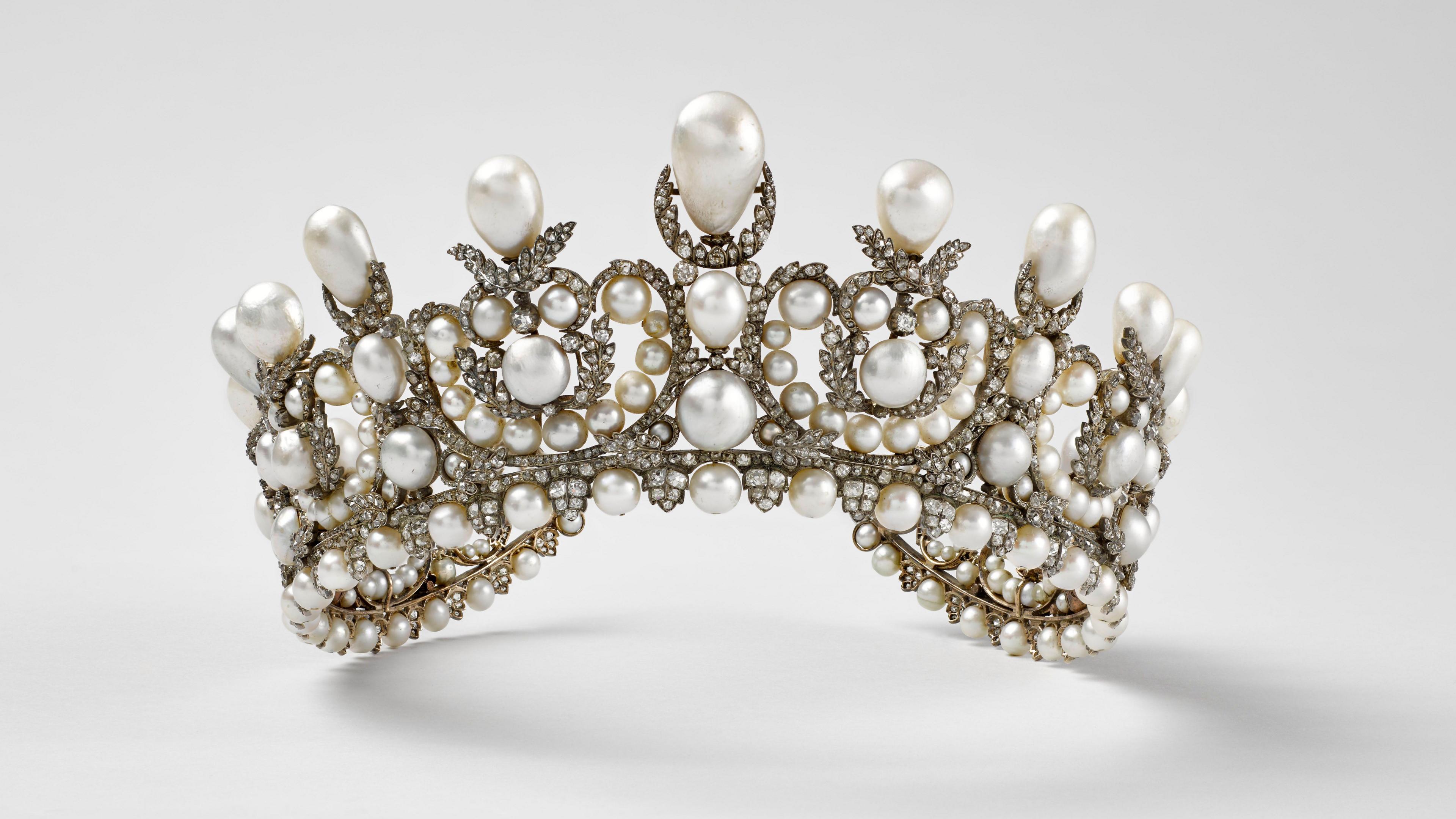 A gold tiara encrusted with diamonds and pearls stolen from the Louvre