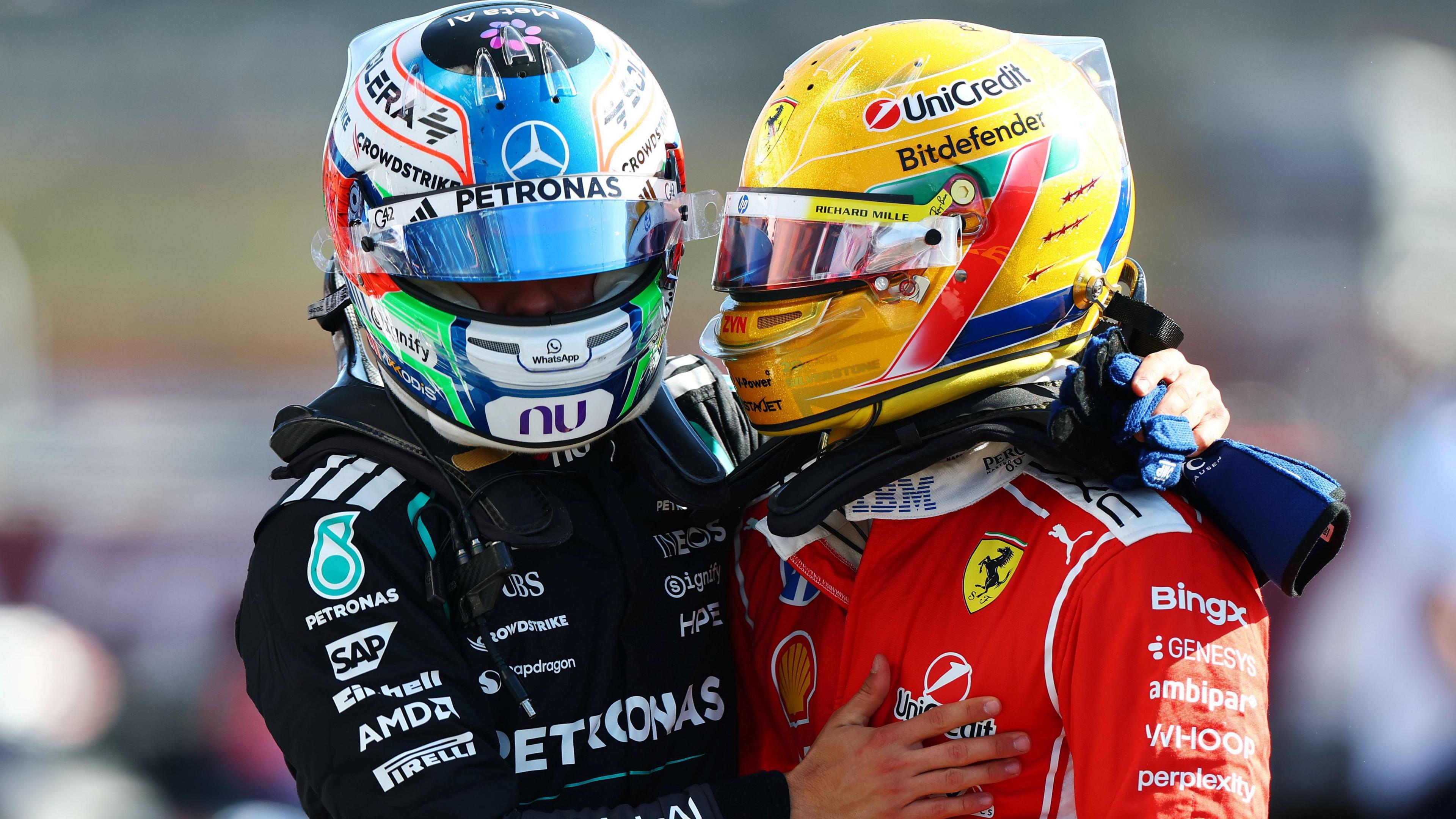 Mercedes' Kimi Antonelli congratulates Ferrari's Lewis Hamilton on taking pole position for the British Grand Prix sprint race