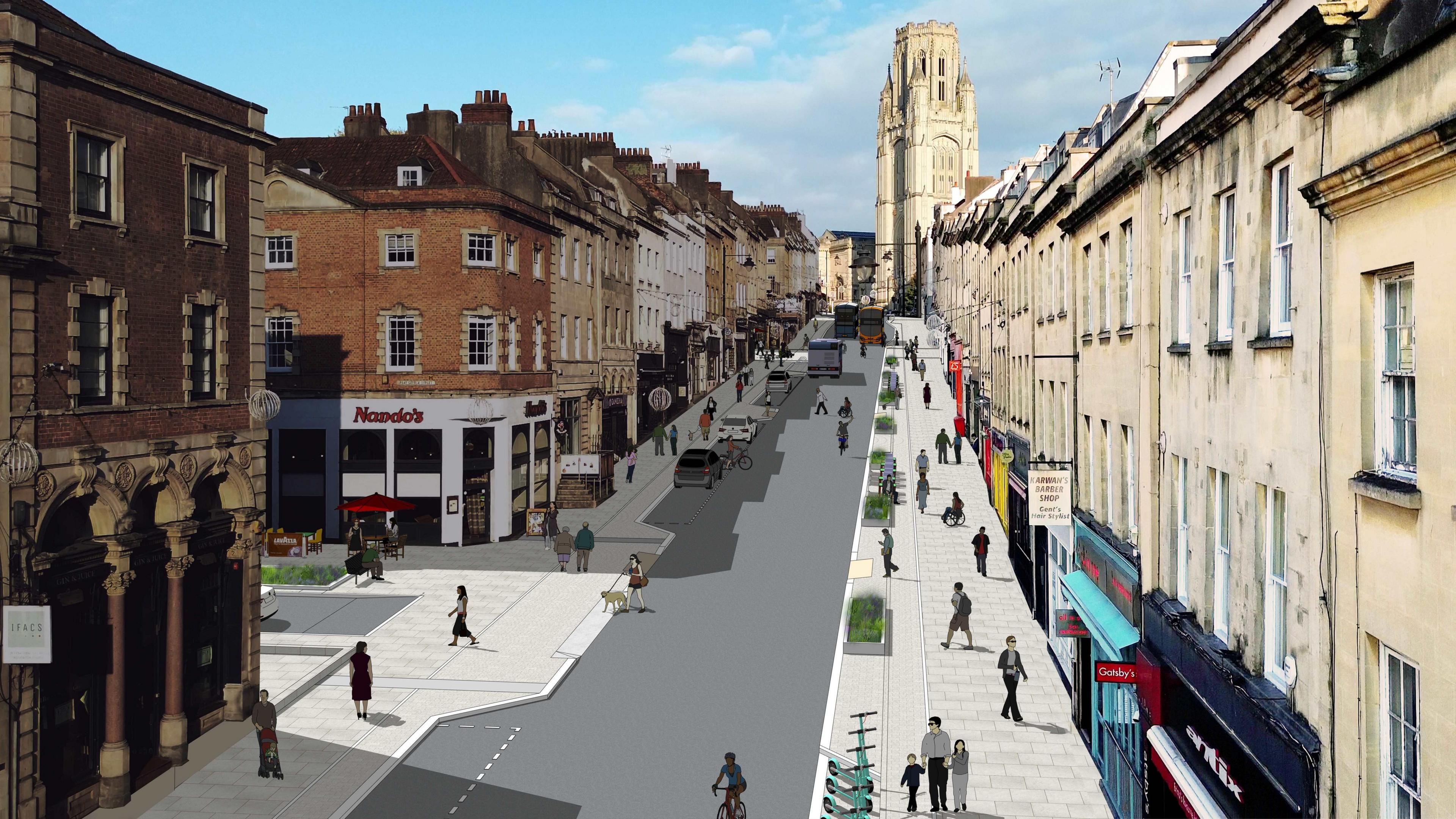 An artists impression of Park Street, showing extended pavements, planters, and blocked off roads