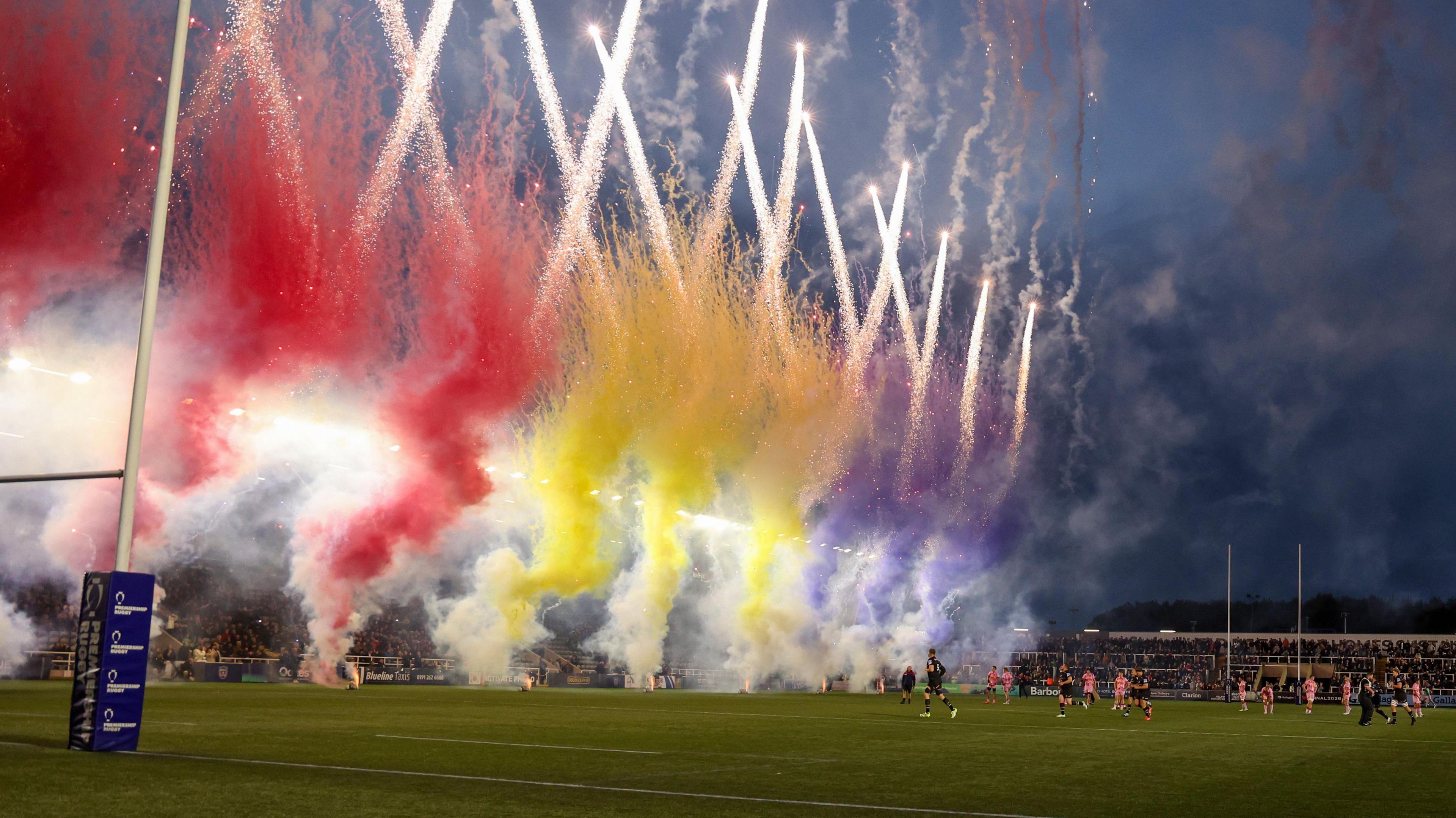 Fireworks at Kingston Park ahead of the Prem Rugby Cup game against Harlequins