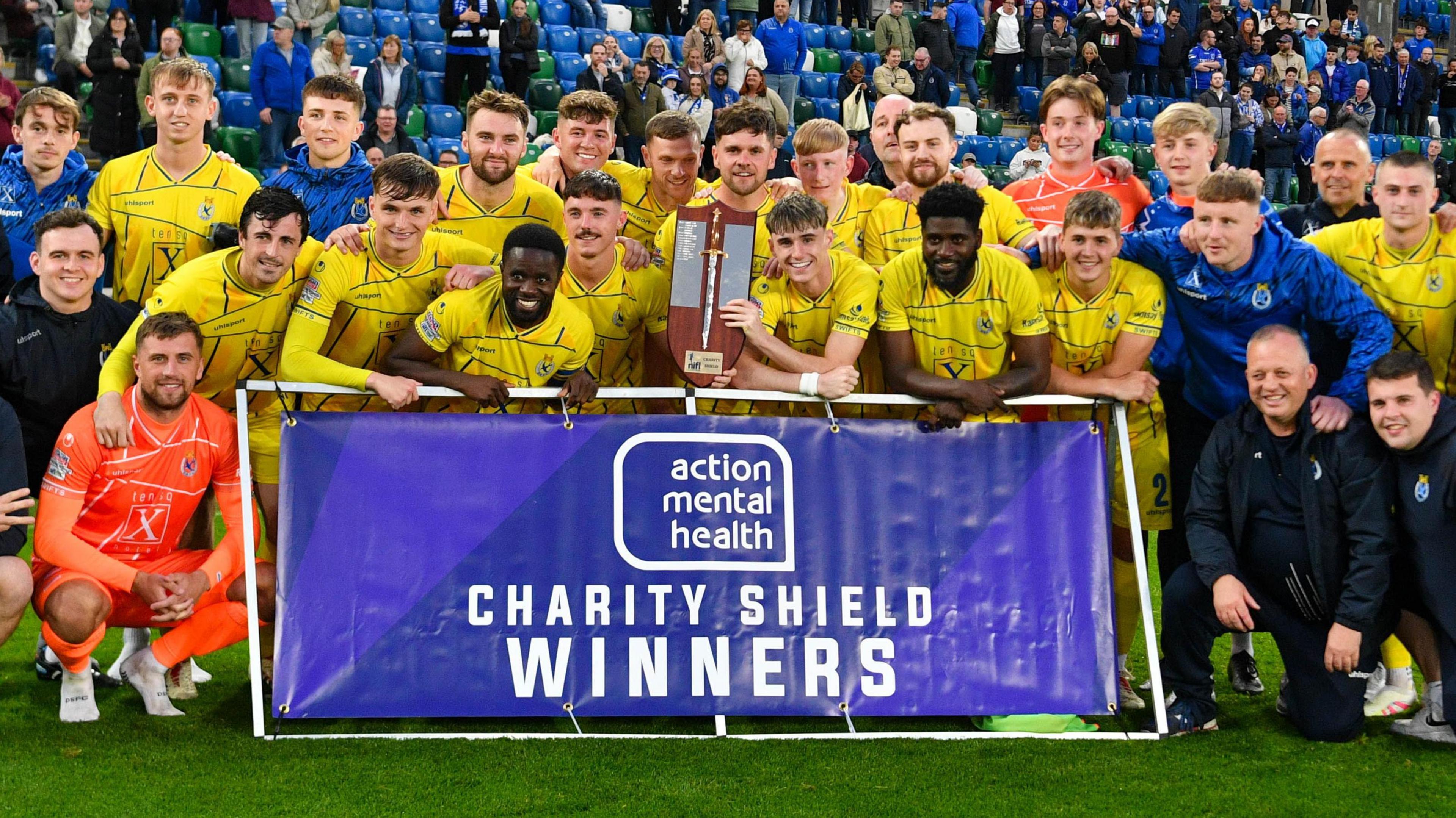 Dungannon Swifts celebrate winning the Charity Shield