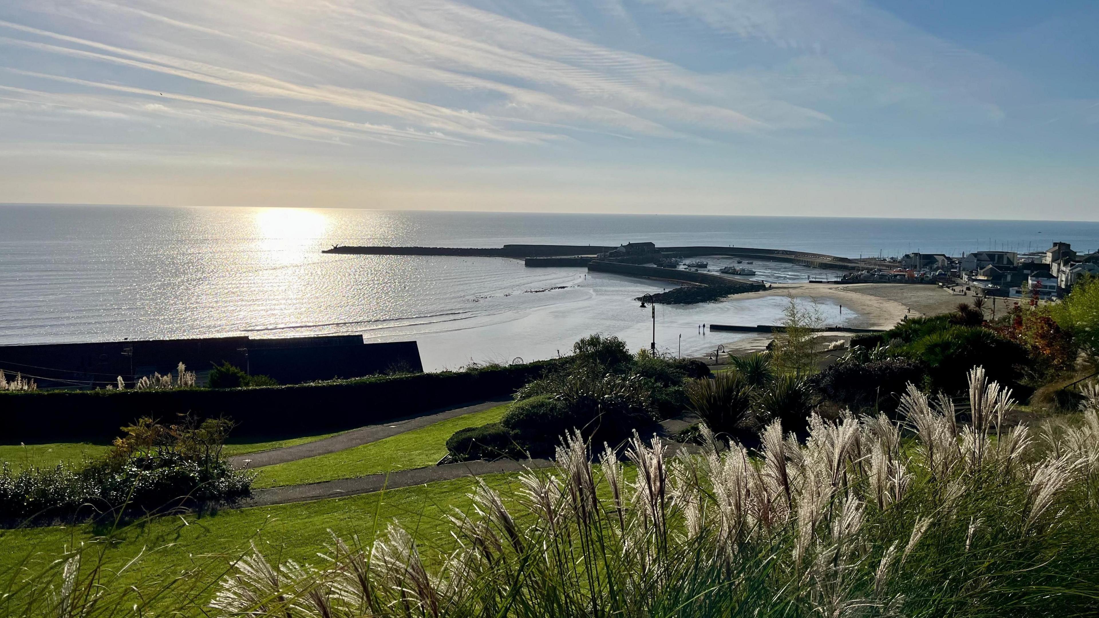 A beautiful beach scene taken from a position high above the sea. Hedges and grass can be seen in the foreground with the sun setting into the sea in the background.