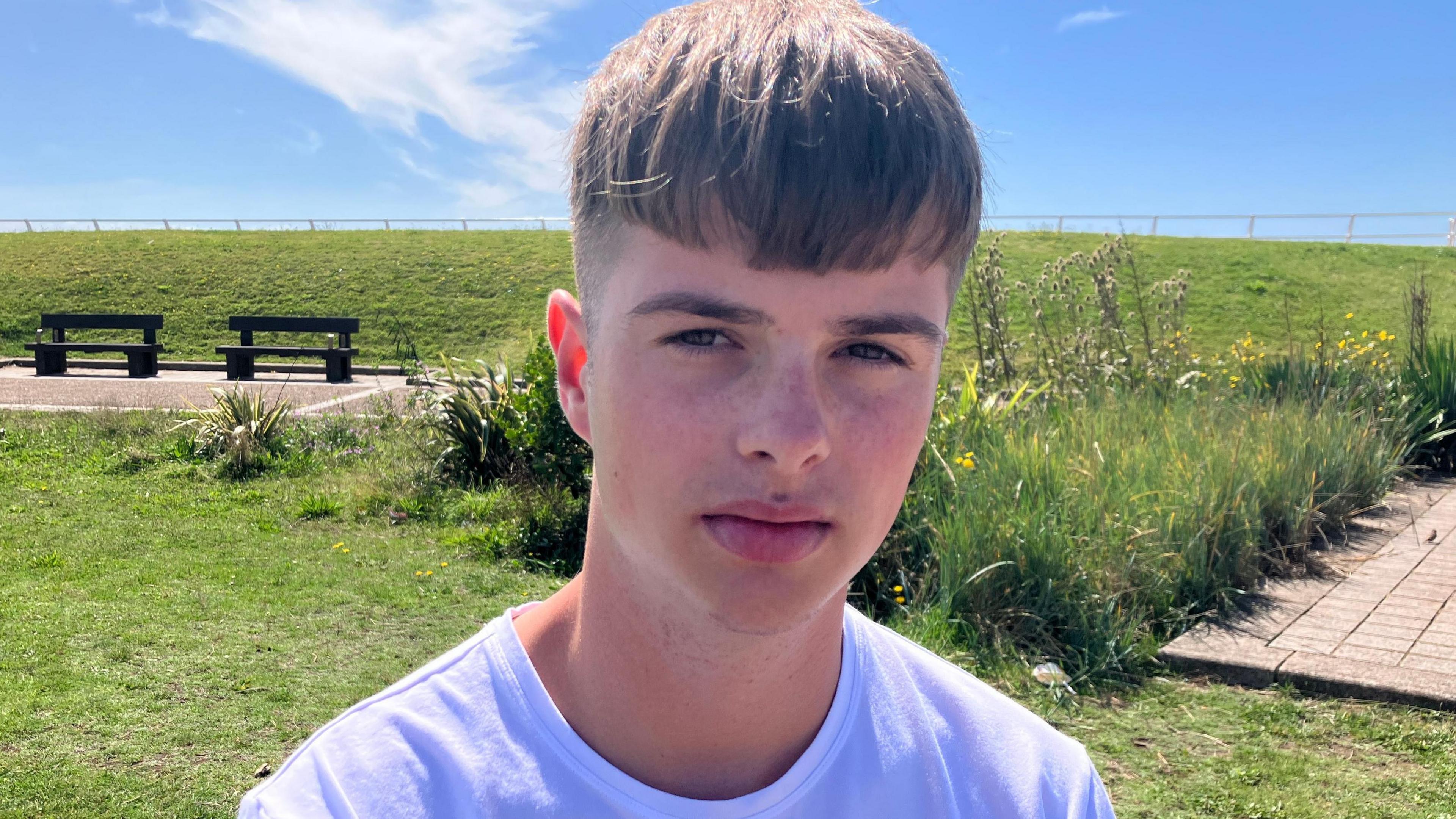 Young man with dark hair and white t-shirt is looking towards the camera. Behind him is a grassy area with some longer grass, wooden benches and a blue sky