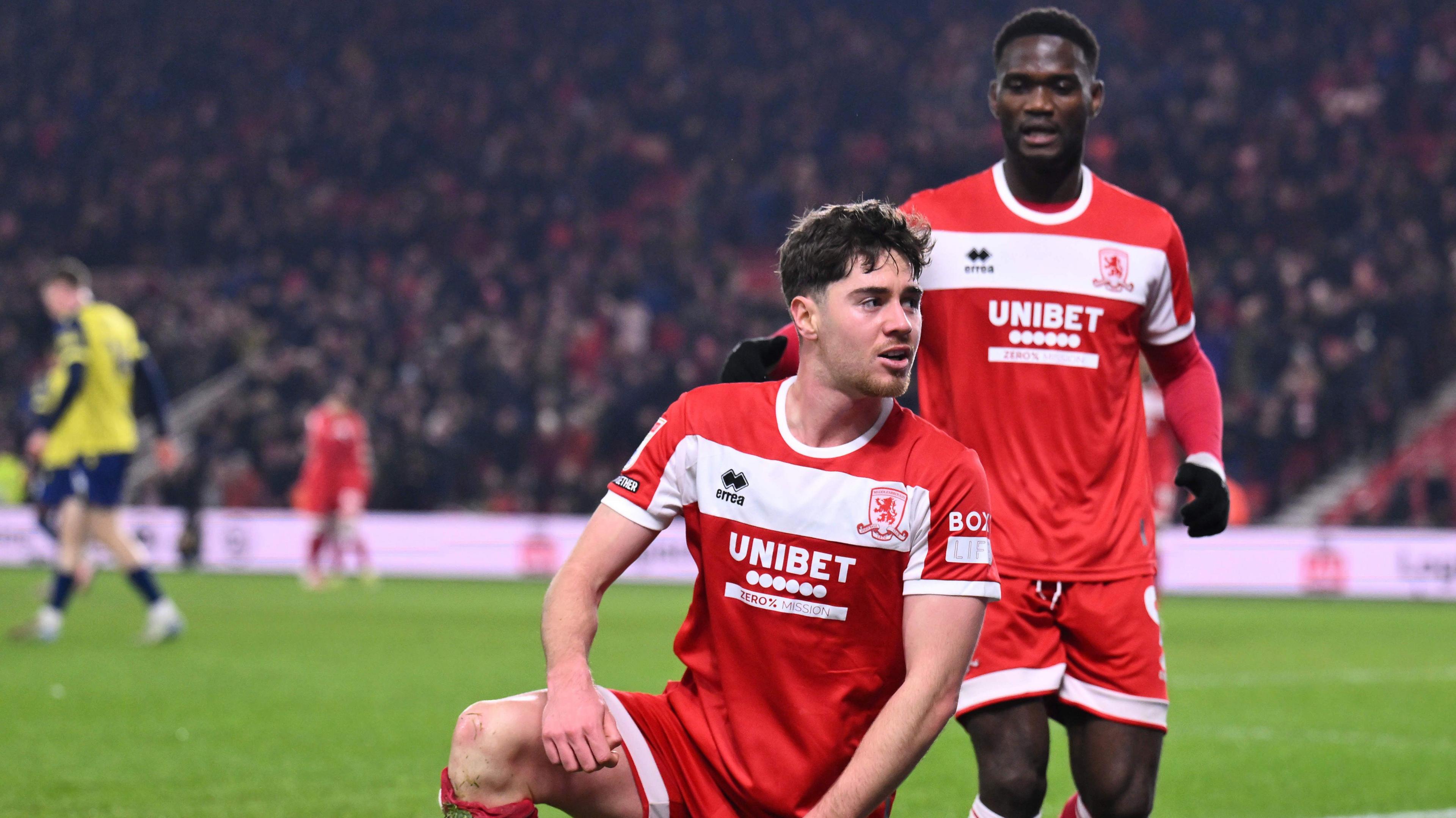 Hayden Hackney celebrates his Boro goal with Emmanuel Latte Lath