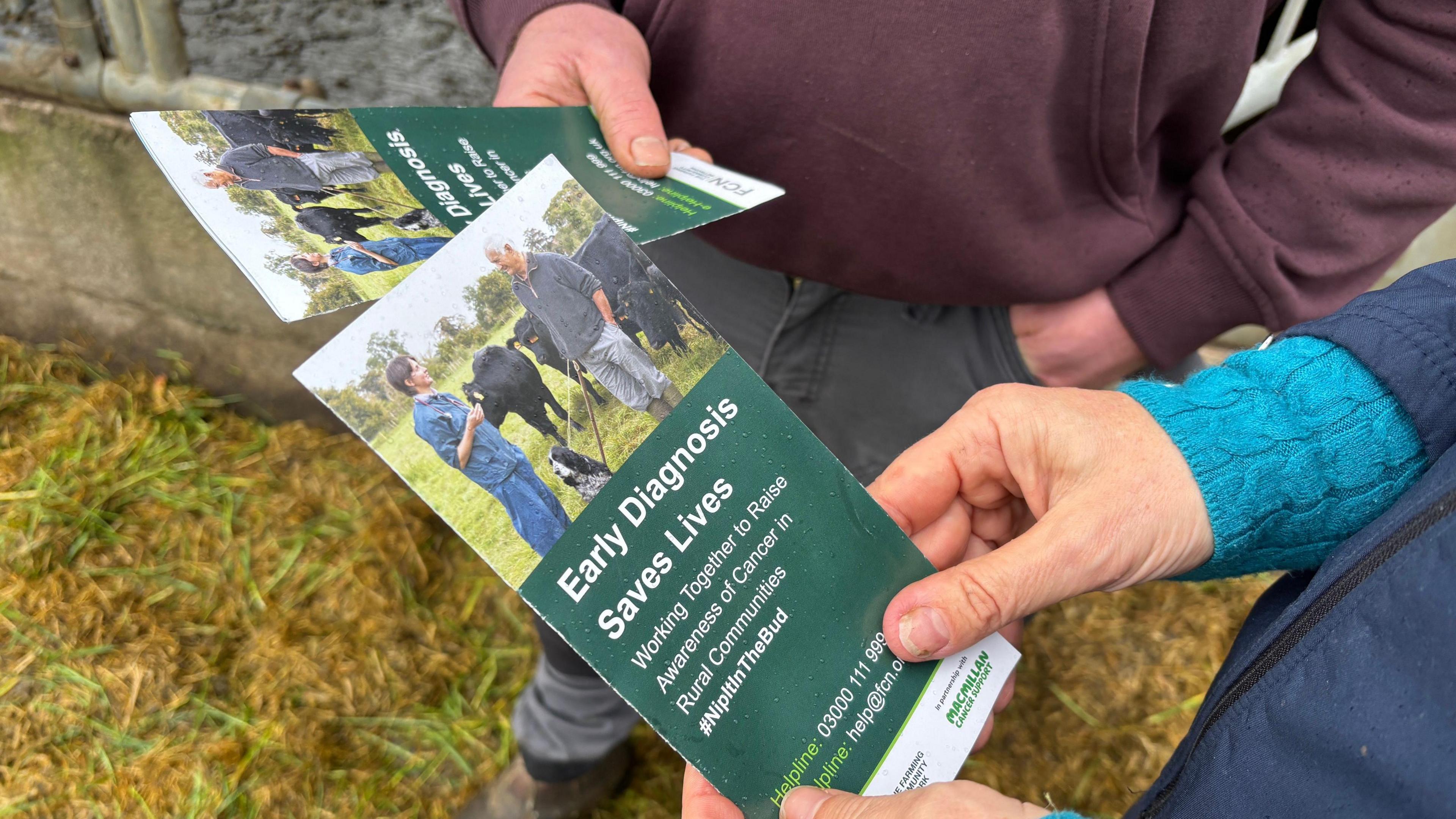 Two flyers are being held by two sets of hands. The flyer is headlined 'early diagnosis saves lives'. In the background you can see that the people holding. the flyers are dressed warmly in boots and standing on grassy ground.