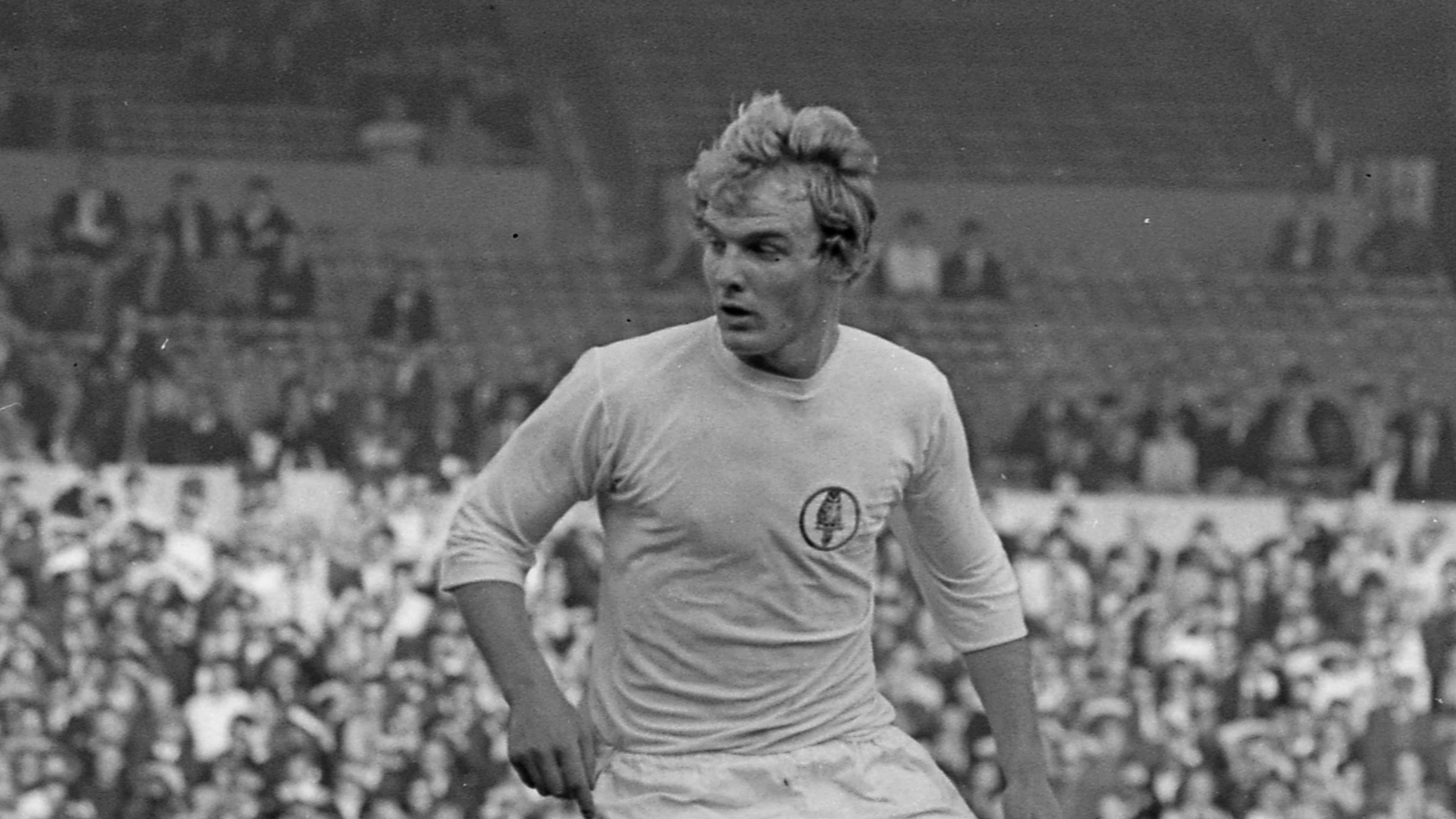 Terry Yorath playing for Leeds United in a plain white football top in 1969.