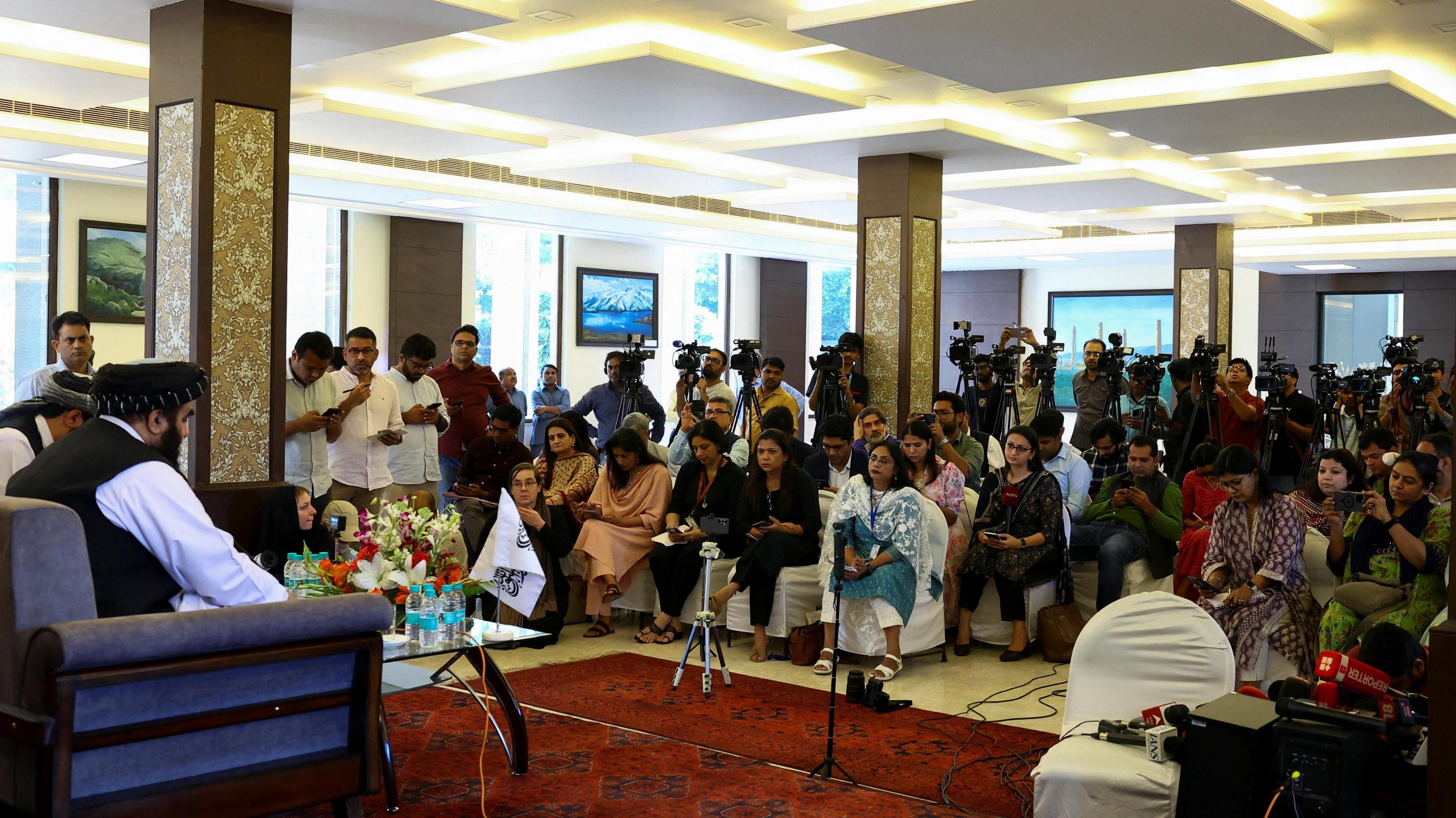 Afghanistan's Taliban Foreign Minister Amir Khan Muttaqi attends a press conference, in Delhi, India October 12, 2025. REUTERS/Anushree Fadnavis