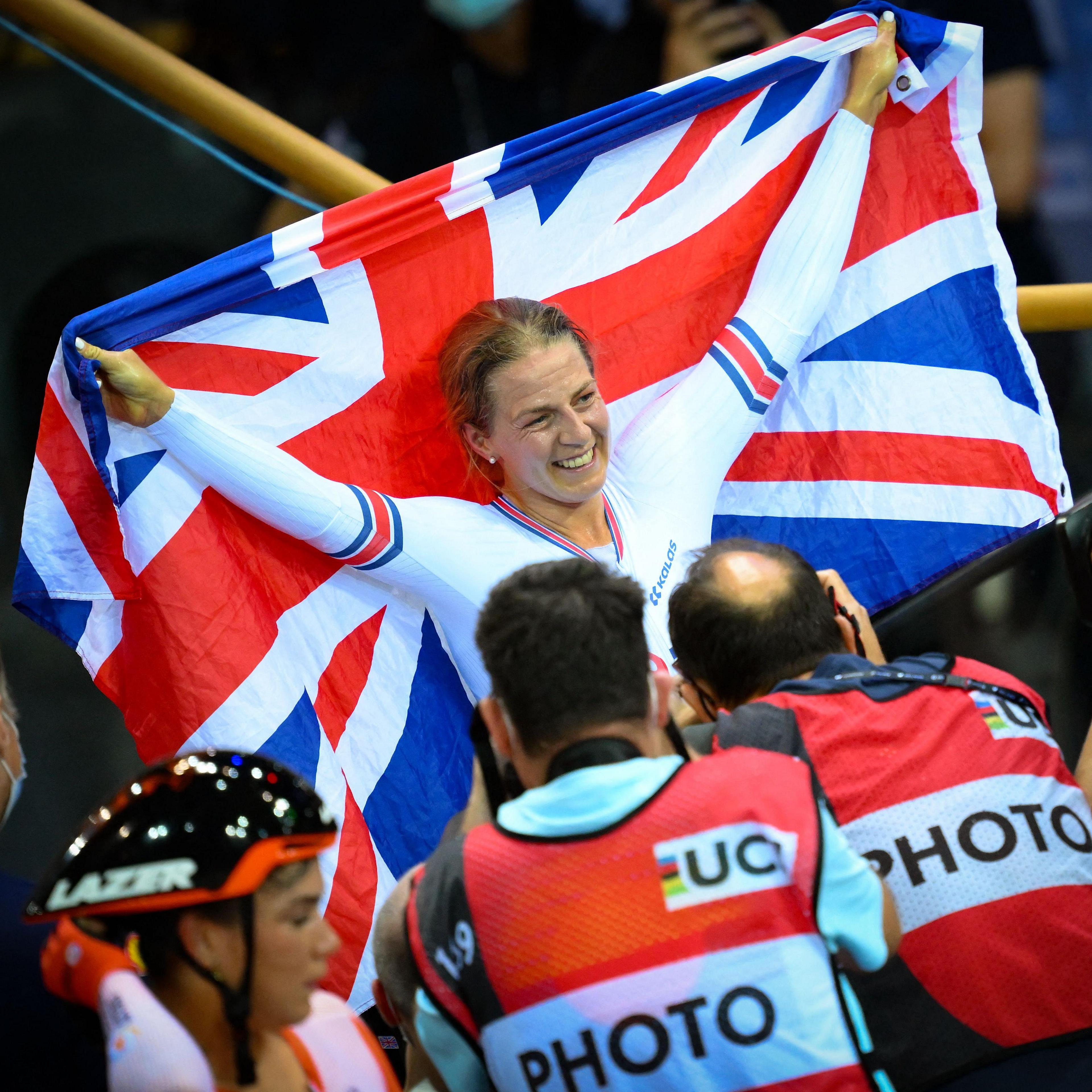 Neah Evans with a Union Jack flag