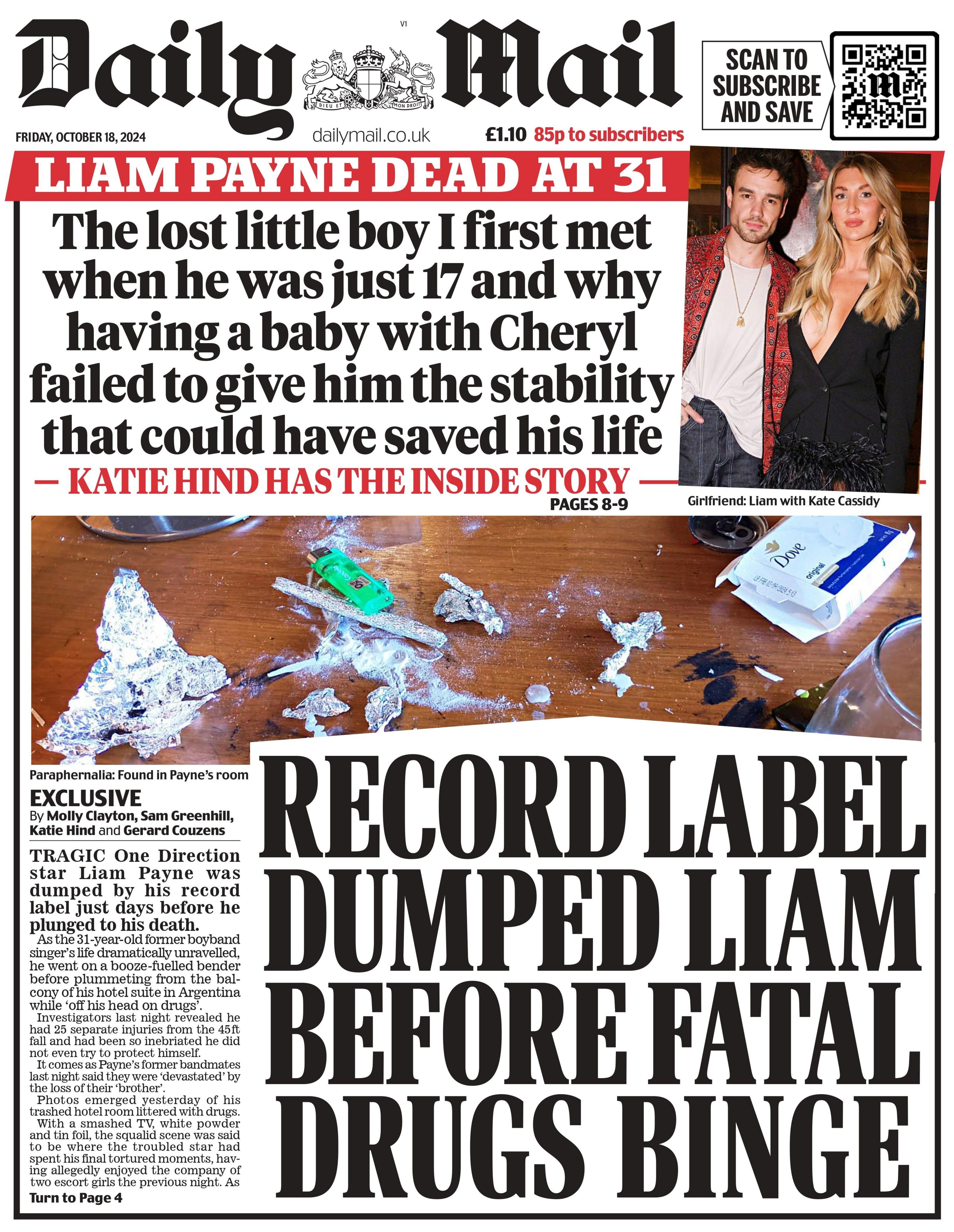 The Daily Mail front page. The headline reads "Record Label dumped Liam before fatal drugs binge". 