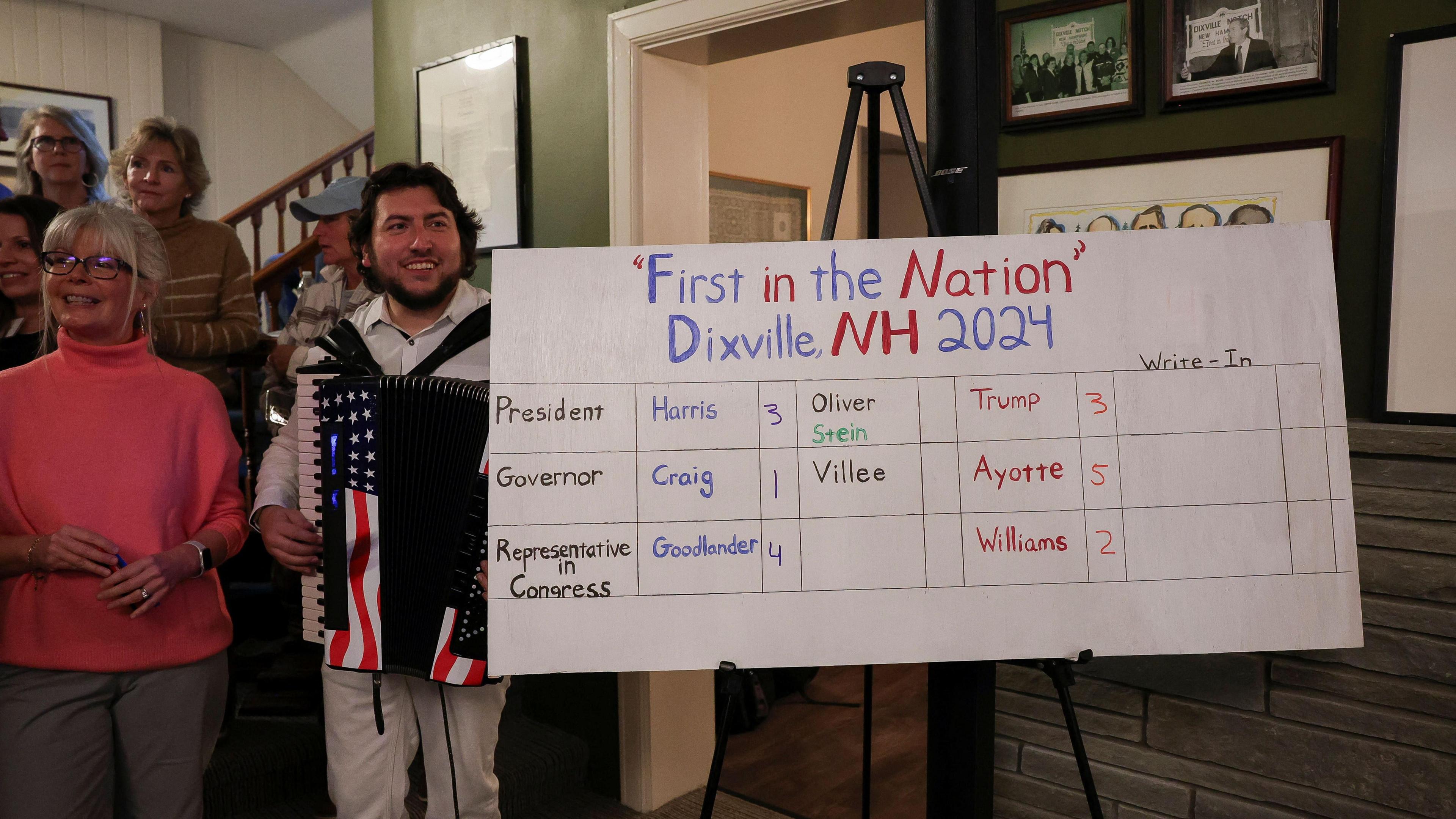 A crowd stands beside a whiteboard with the results of Dixville Notch's vote.