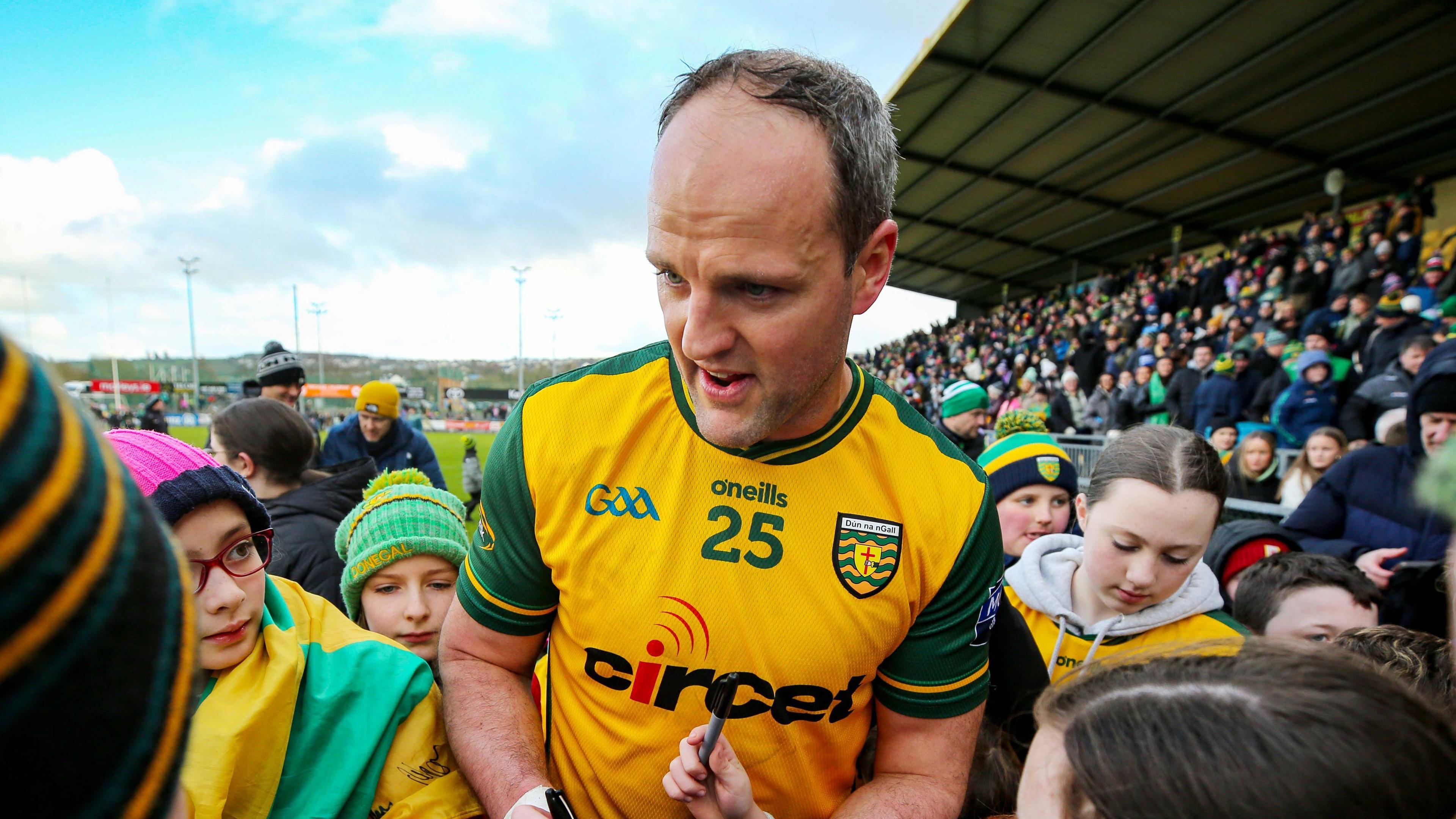 Donegal star Michael Murphy signs autographs after his side's round three victory against Mayo in Letterkenny