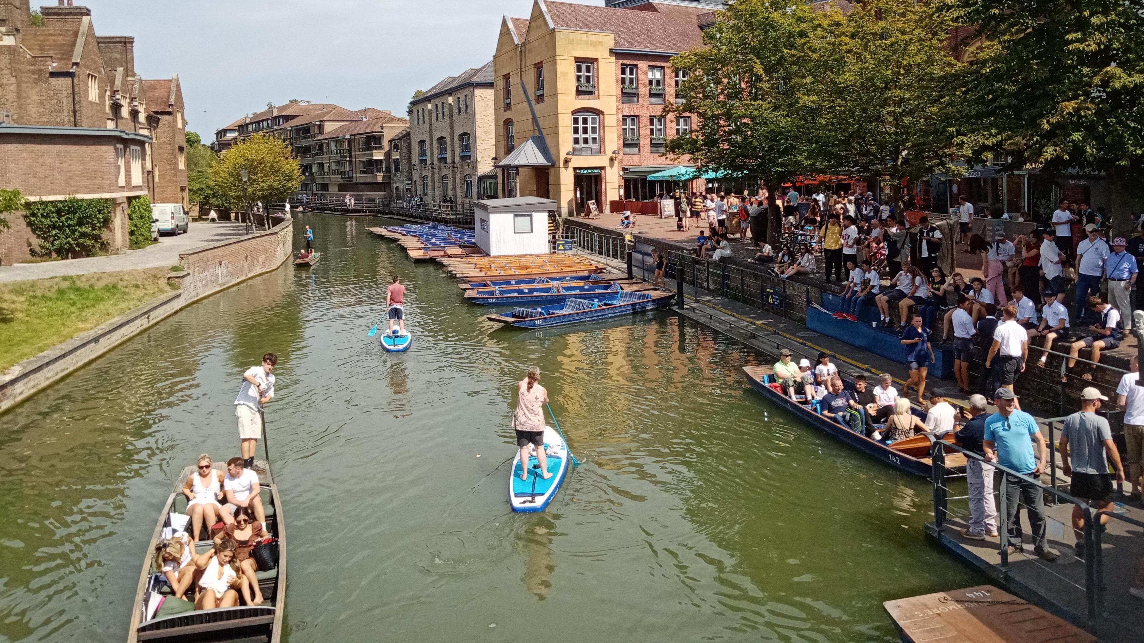 People punting and paddle boarding on the River Cam, as people watch from the banks 