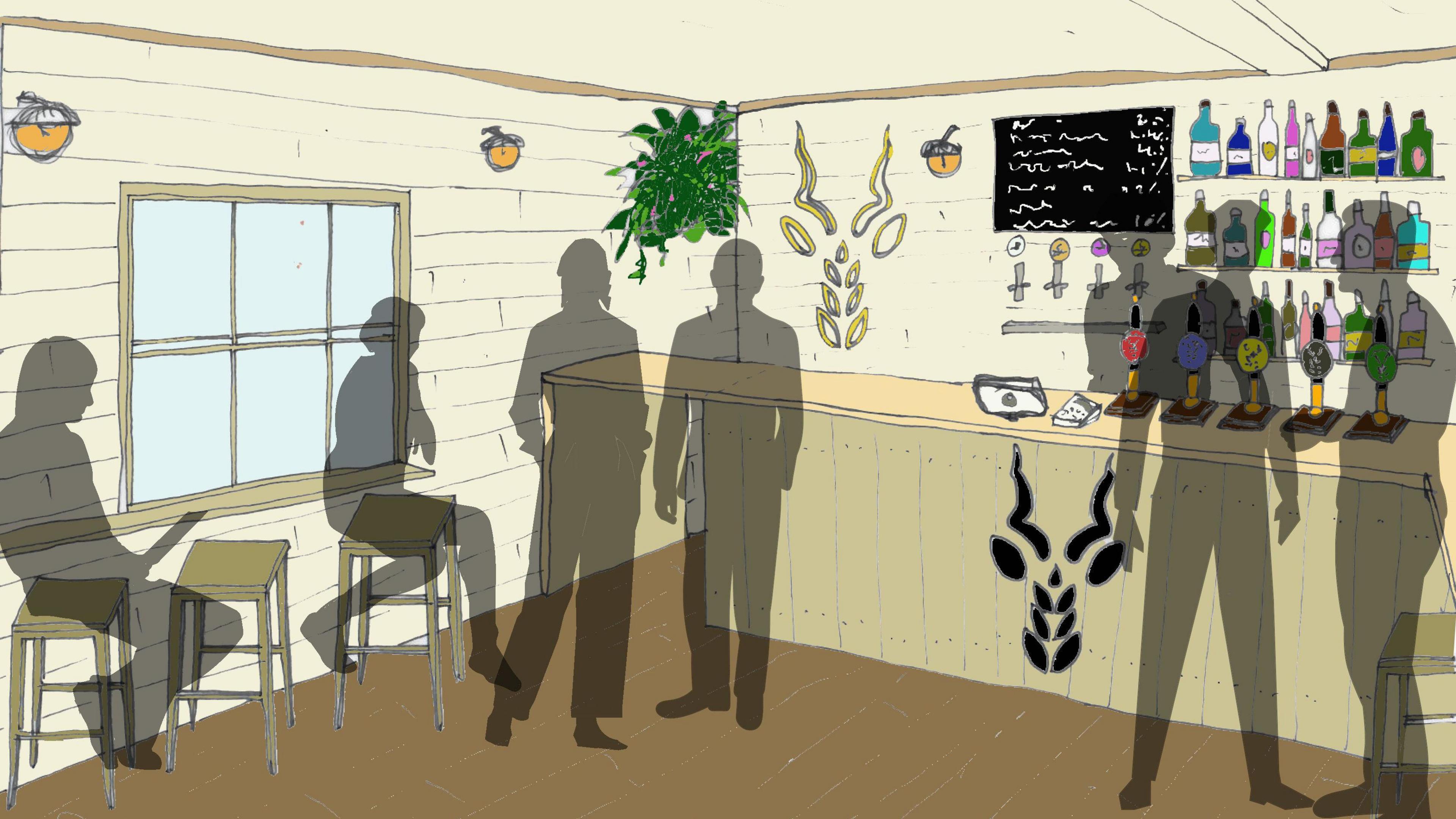 Computer generated image of seven people stood in a cream bar.