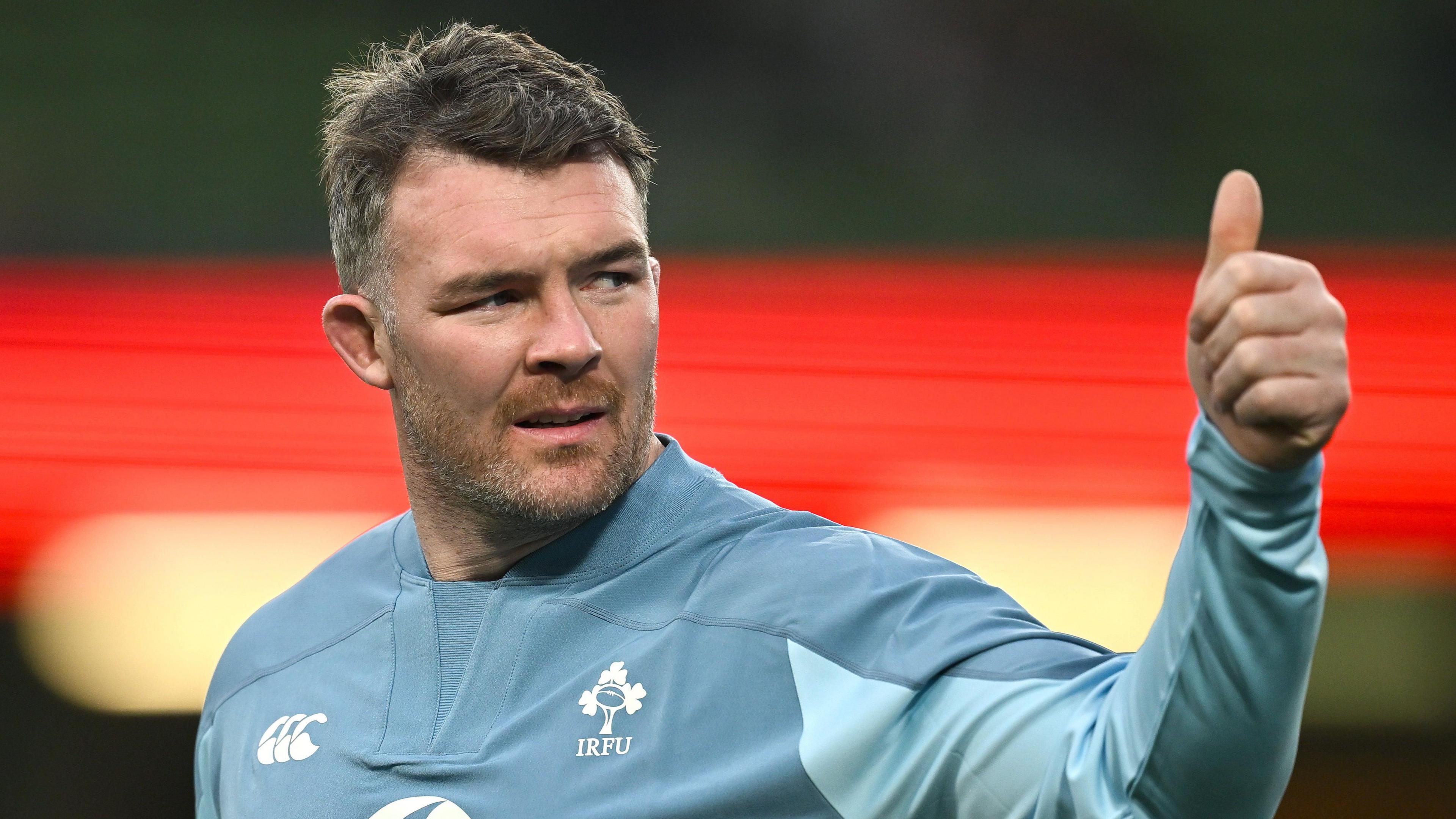 Peter O'Mahony gives the crowd the thumbs up before the win over England