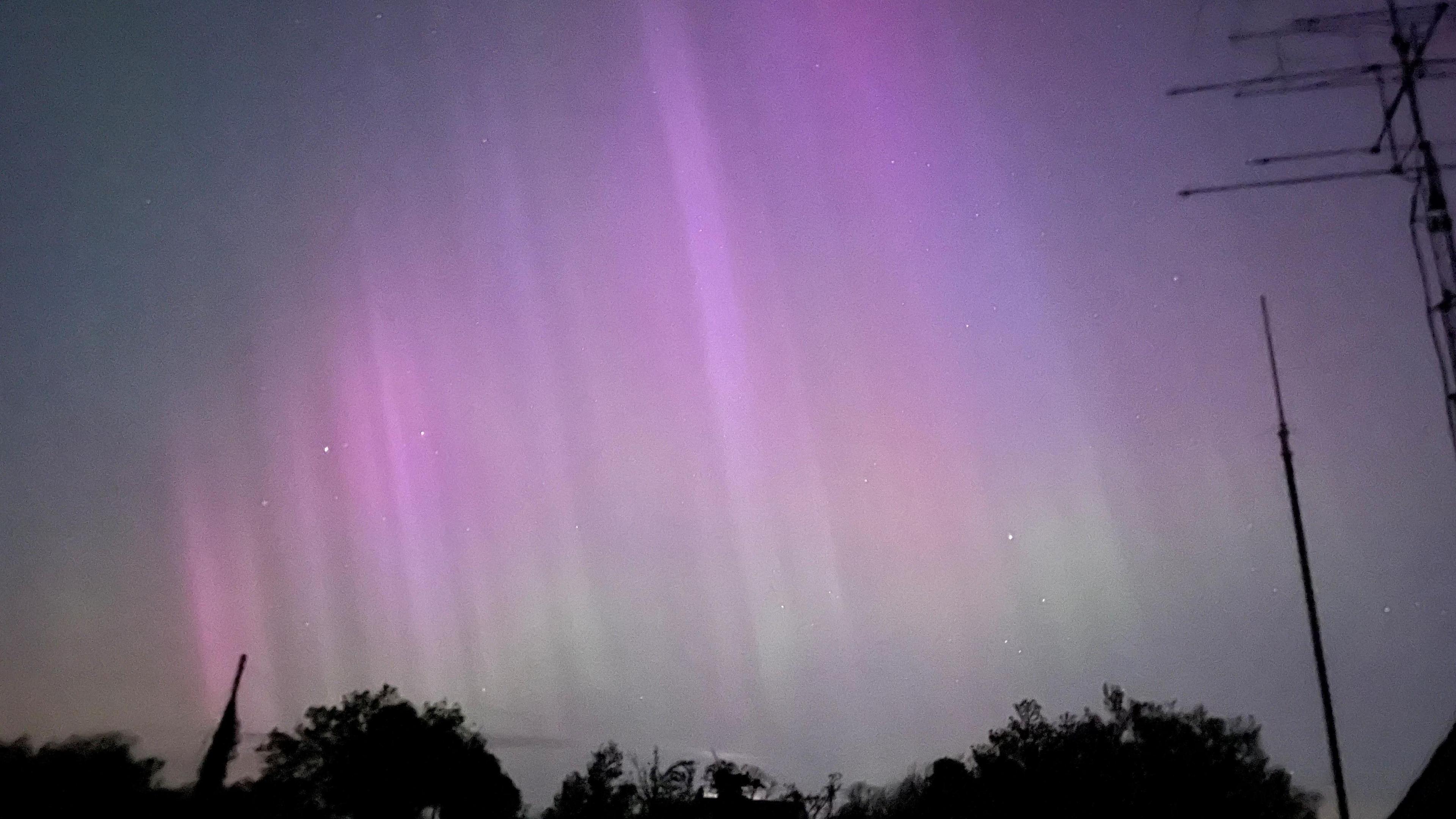 Northern Lights framed by a radio aerial and some shrubbery