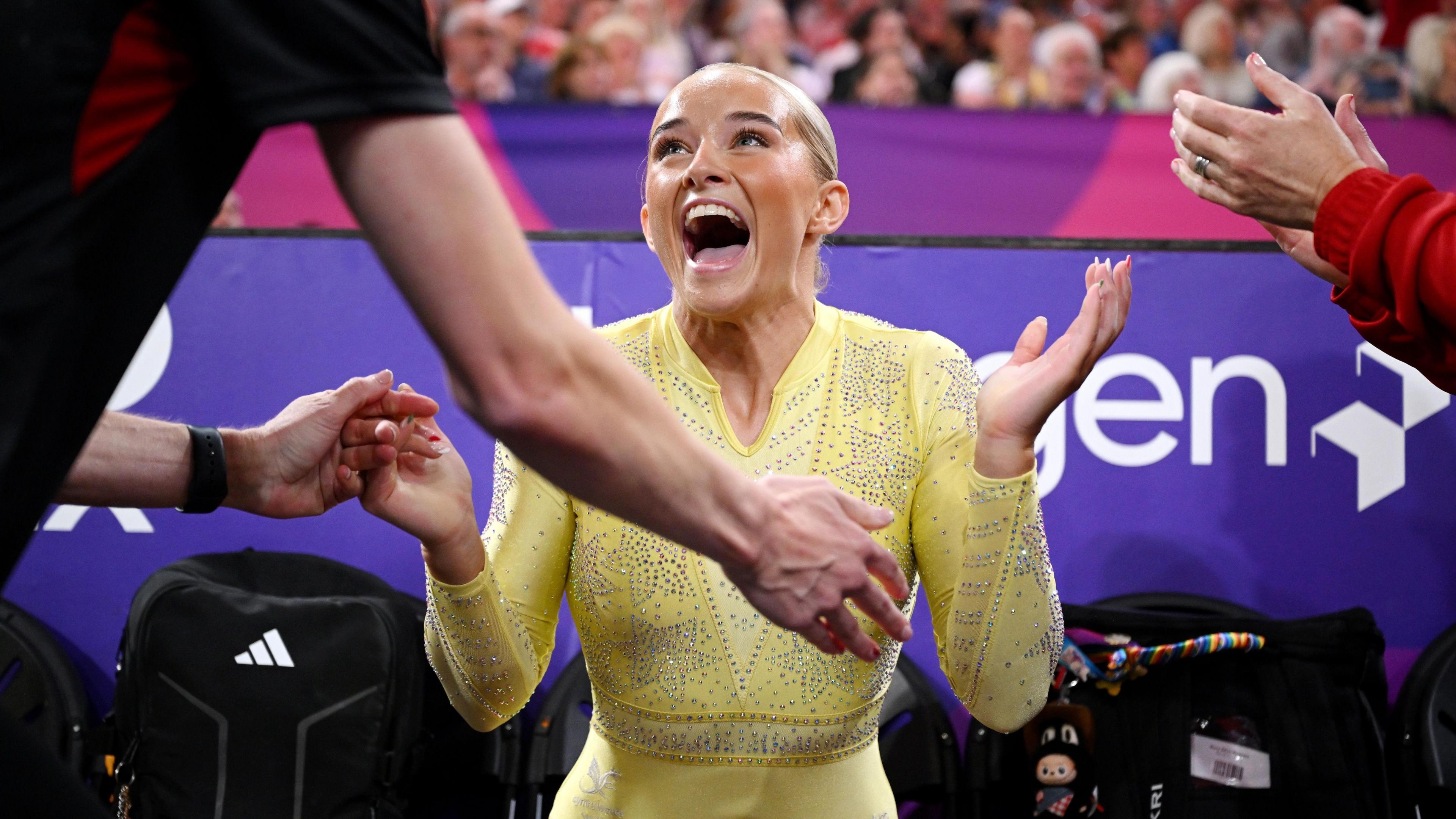 Ruby Evans of Team Wales celebrates after the women's floor exercise final on day five of the Glasgow 2026 Commonwealth Games