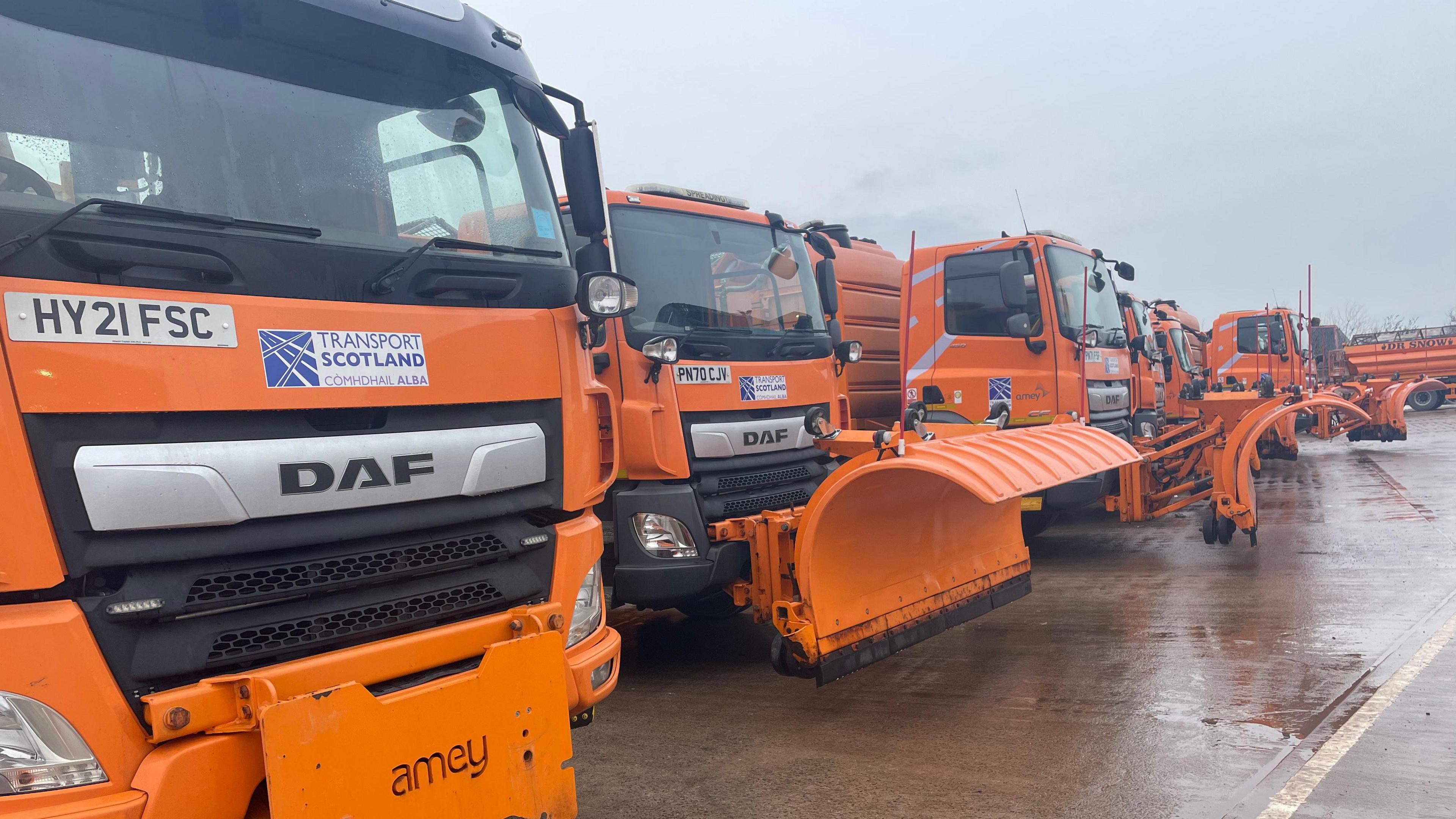 A row of gritting trucks in Glasgow. All of the trucks are orange in colour and have ploughs on the front. 