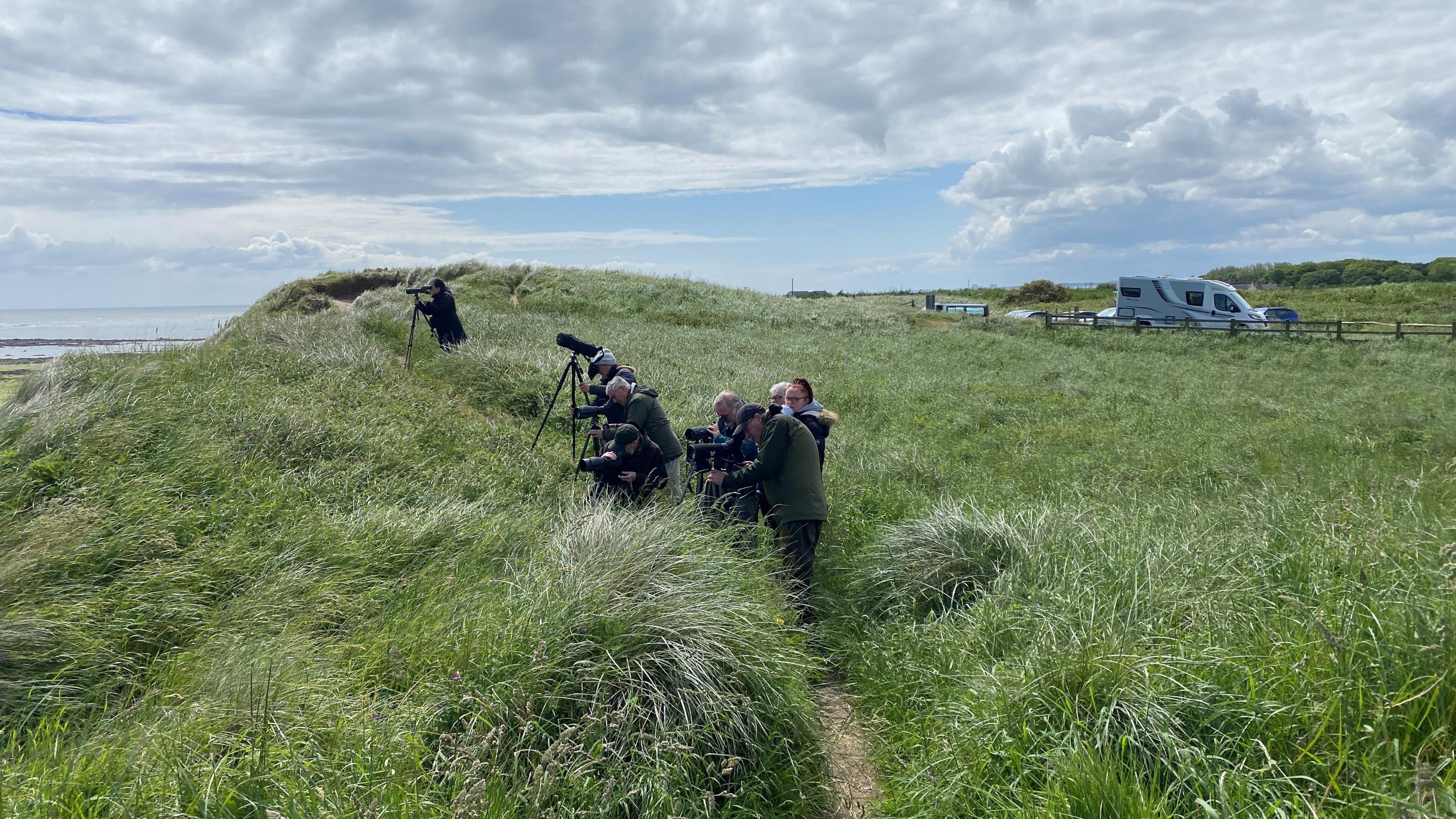 A row of birdwatchers with cameras looking out to sea