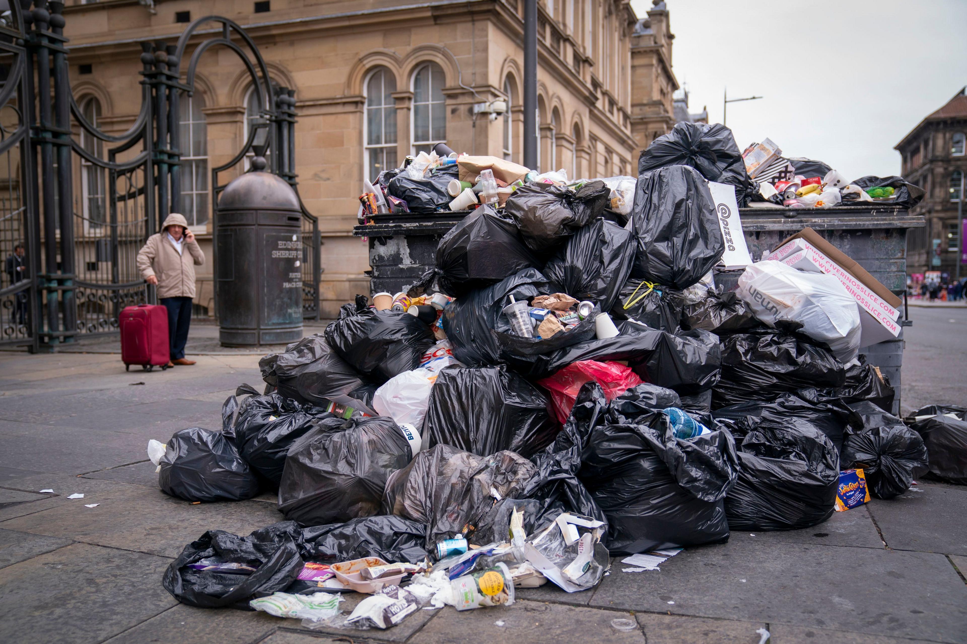 Rubbish piled in the streets of Edinburgh