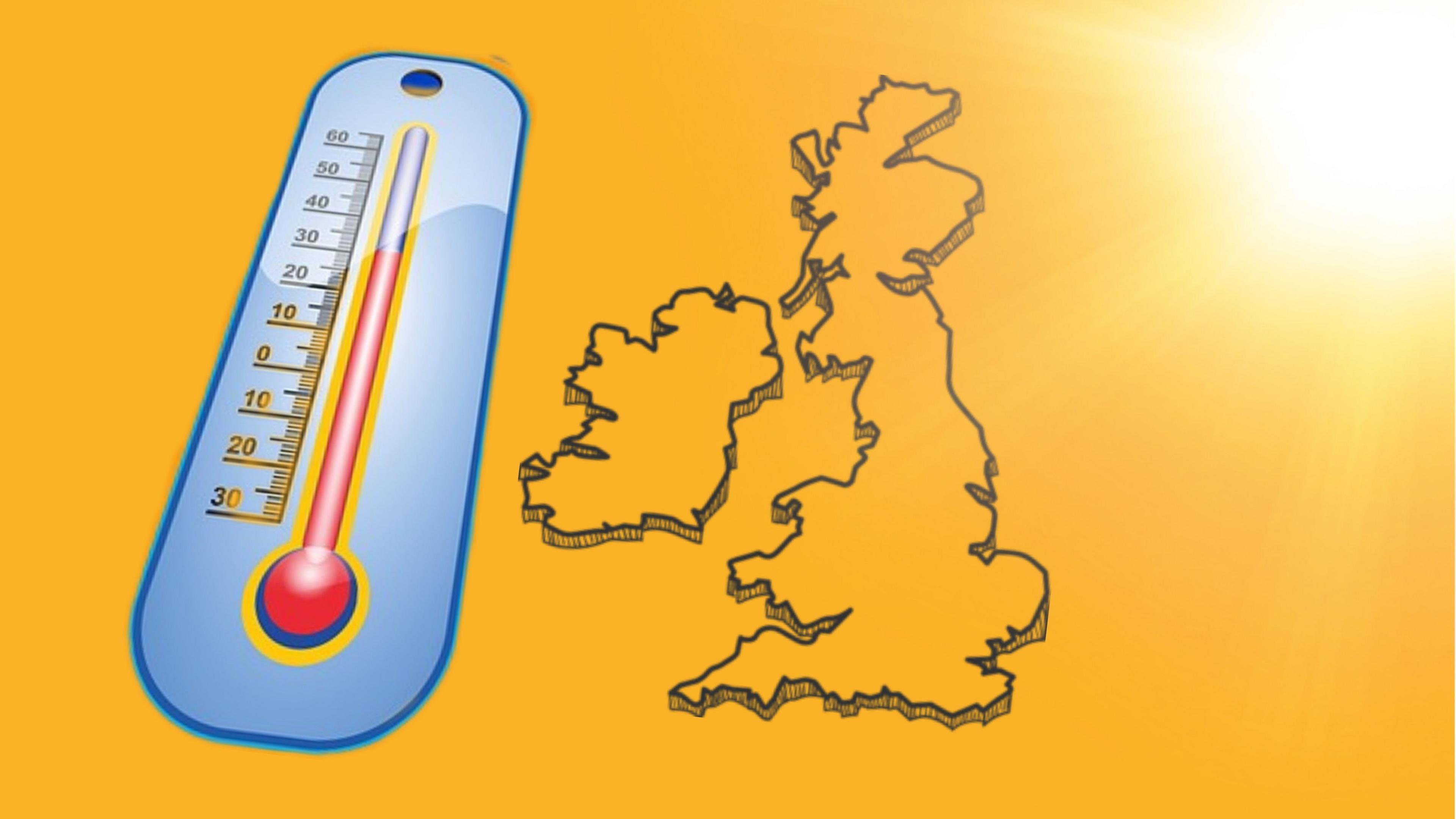 A thermometer next to a image of the british isles. 